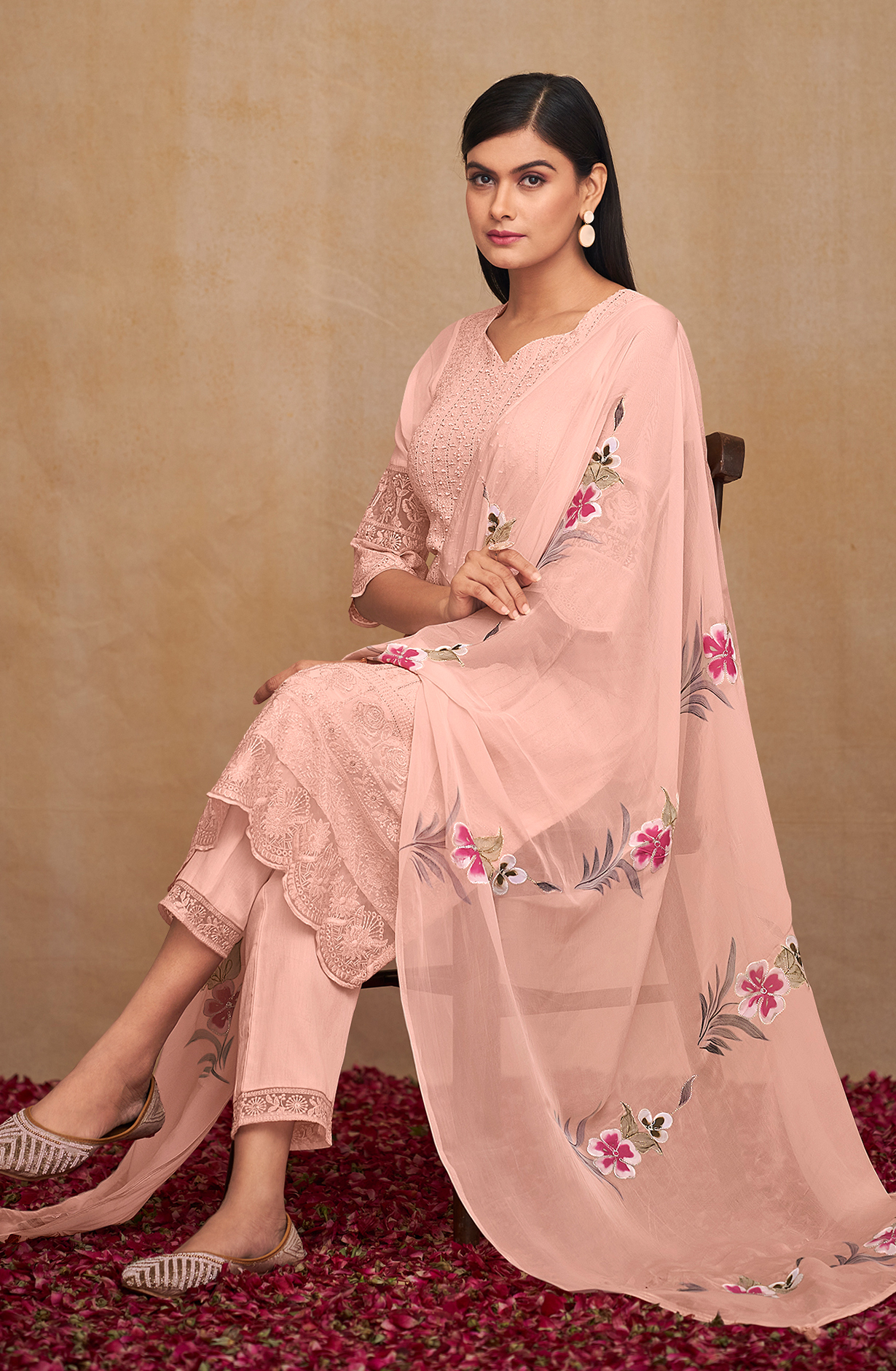 Peach Georgette Beautiful Unstitched Chikankari Embroidery Suit with Organza Dupatta - SAU8425
