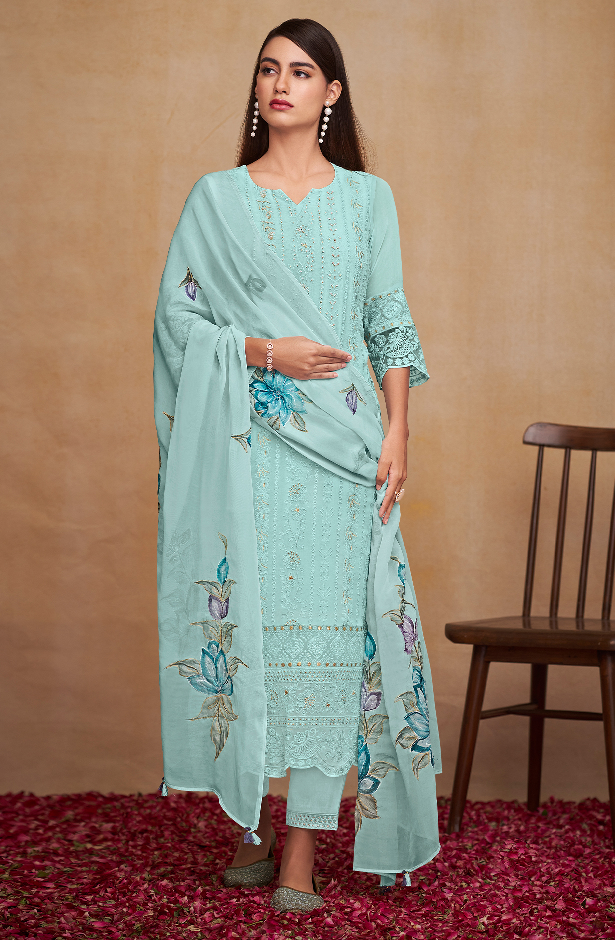 Sky Blue Georgette Beautiful Unstitched Chikankari Embroidery Suit with Organza Dupatta - SAU8426