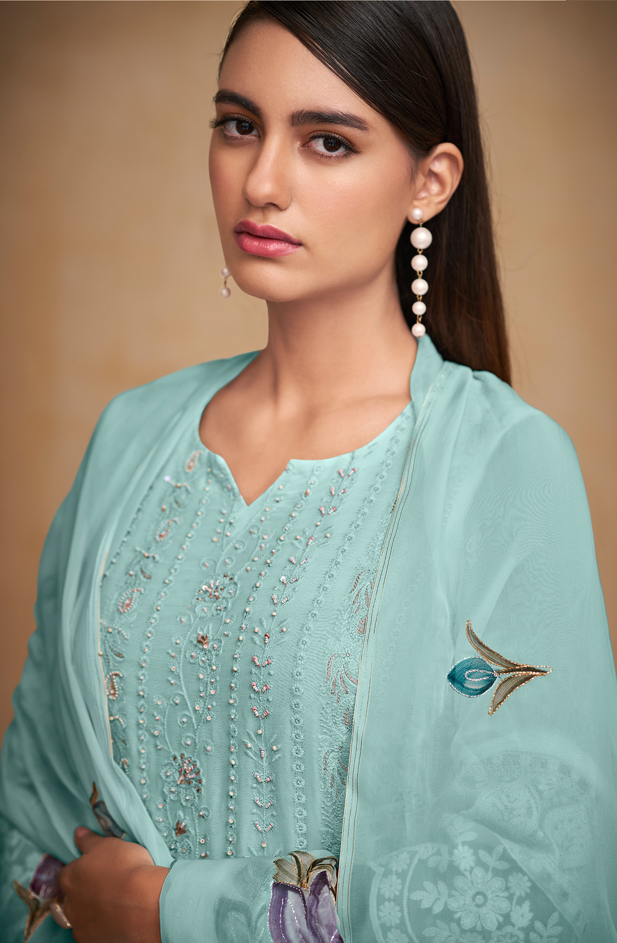 Sky Blue Georgette Beautiful Unstitched Chikankari Embroidery Suit with Organza Dupatta - SAU8426