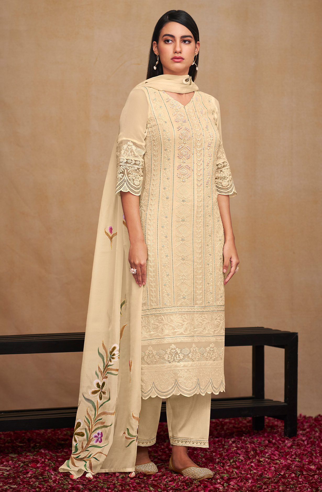 Cream Georgette Beautiful Unstitched Chikankari Embroidery Suit with Organza Dupatta - SAU8427