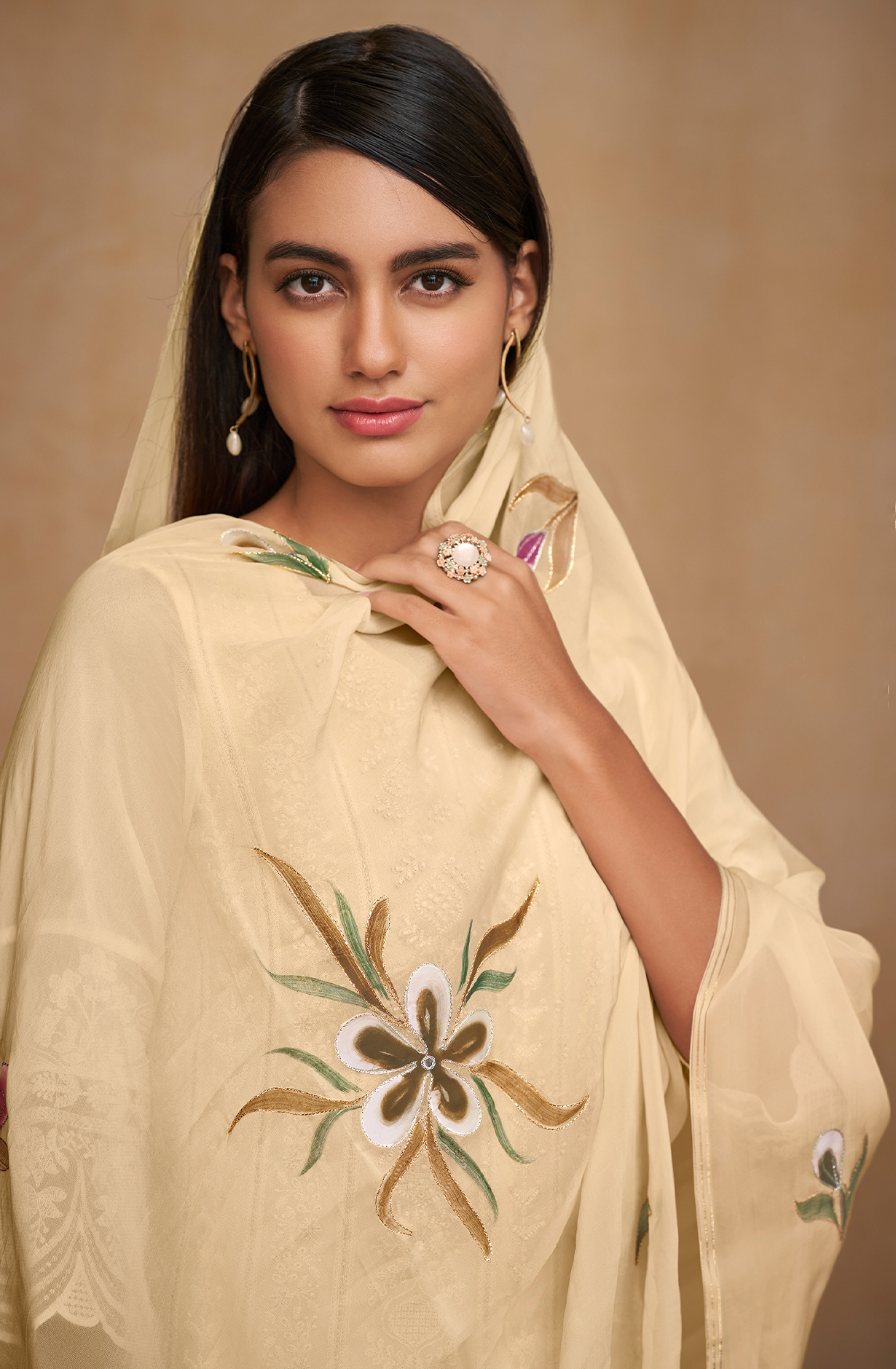 Cream Georgette Beautiful Unstitched Chikankari Embroidery Suit with Organza Dupatta - SAU8427