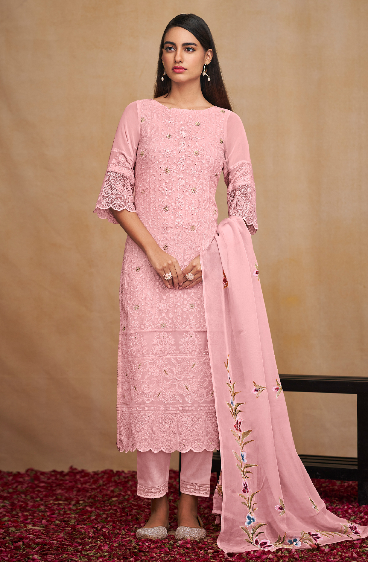 Pink Georgette Beautiful Unstitched Chikankari Embroidery Suit with Organza Dupatta - SAU8428