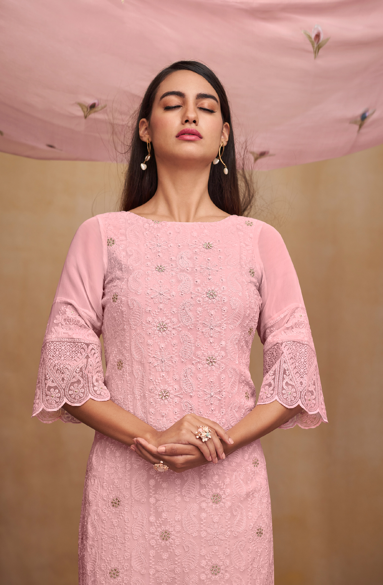 Pink Georgette Beautiful Unstitched Chikankari Embroidery Suit with Organza Dupatta - SAU8428