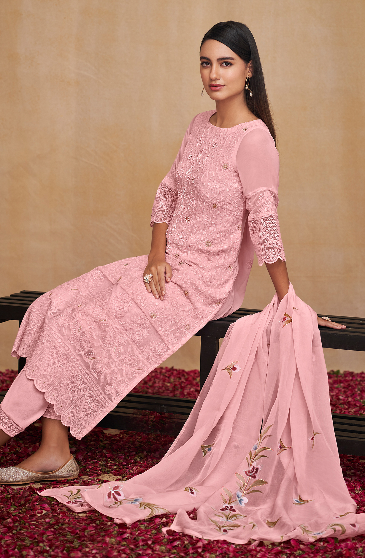Pink Georgette Beautiful Unstitched Chikankari Embroidery Suit with Organza Dupatta - SAU8428