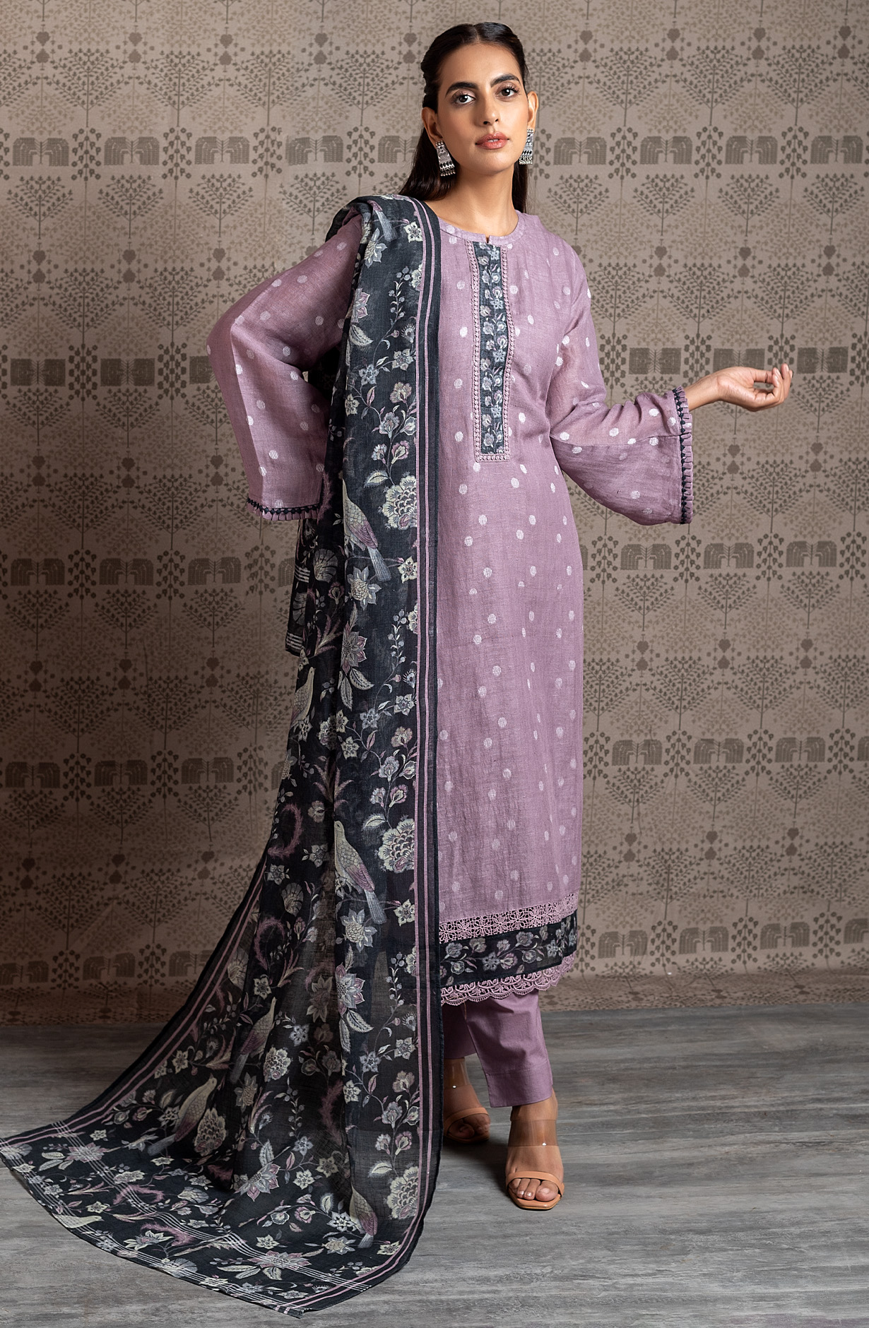 Mauve Linen Exclusive Unstitched Lace work Suit-set - SAY1972B