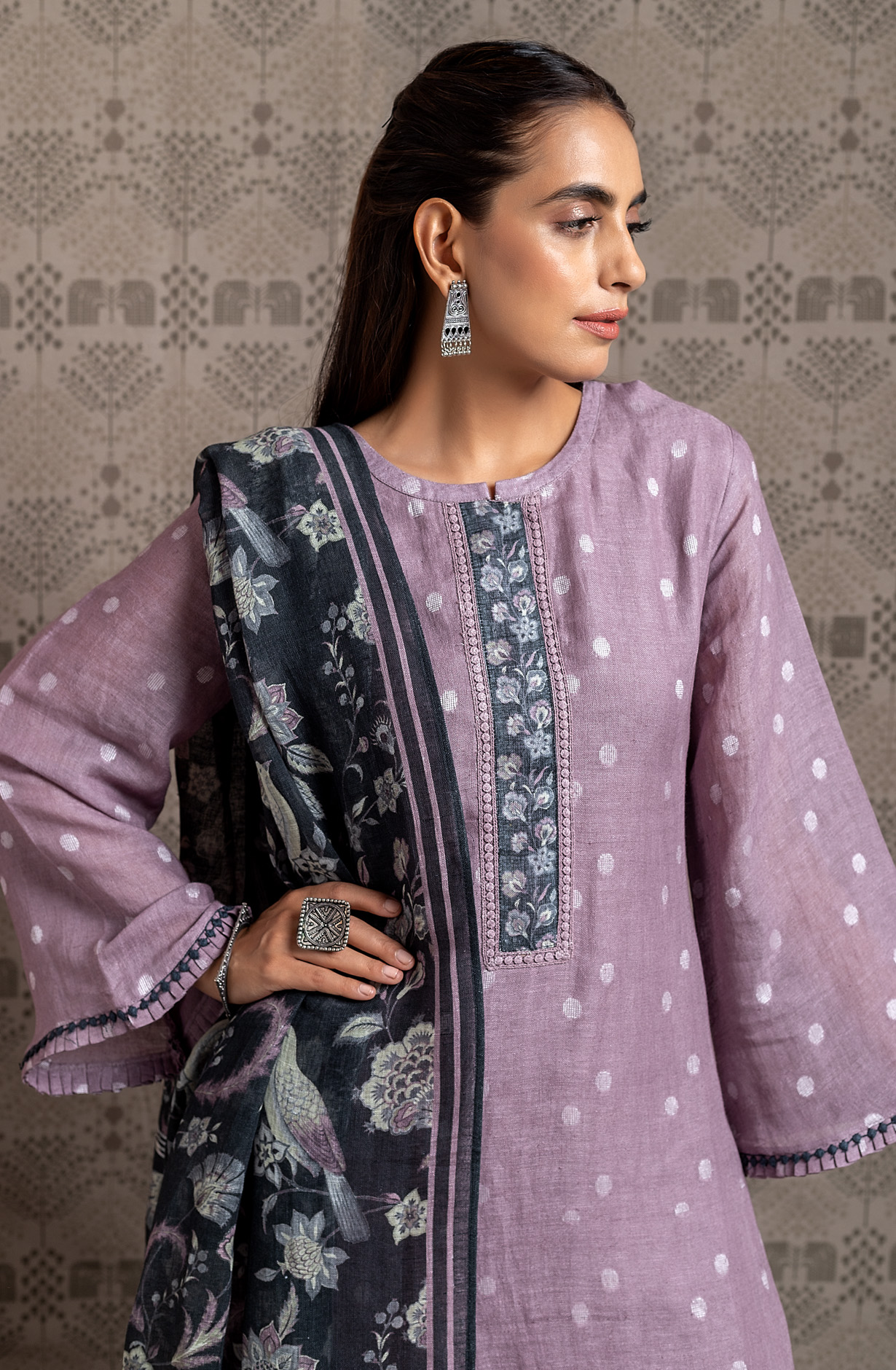 Mauve Linen Exclusive Unstitched Lace work Suit-set - SAY1972B