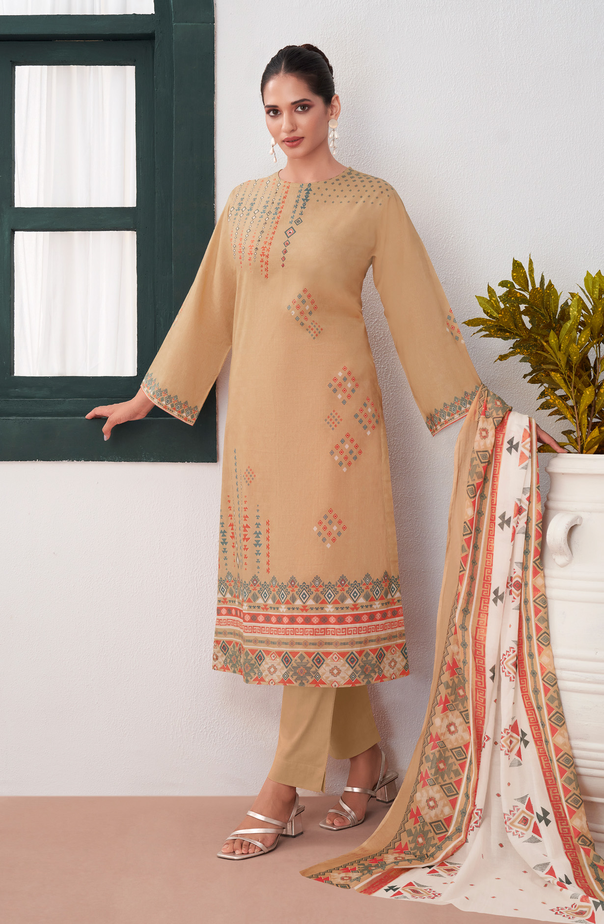 Beige Cotton Digital Printed Unstitched Salwar Suit-sets - SEH652