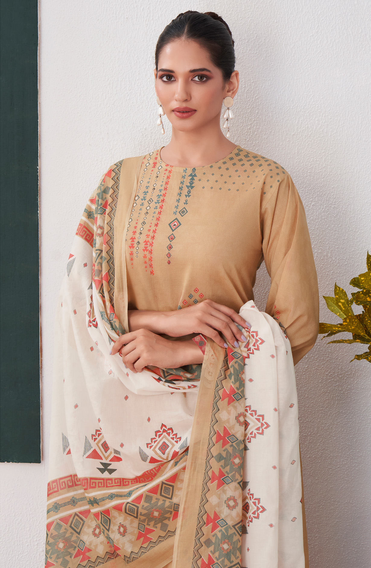 Beige Cotton Digital Printed Unstitched Salwar Suit-sets - SEH652