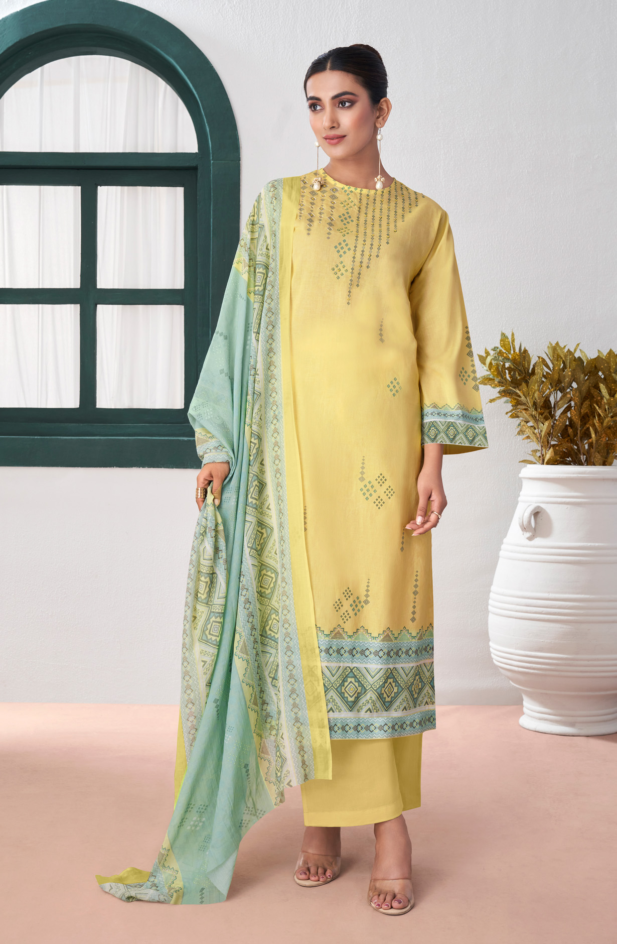 Mustard Yellow Cotton Digital Printed Unstitched Salwar Suit-sets - SEH670