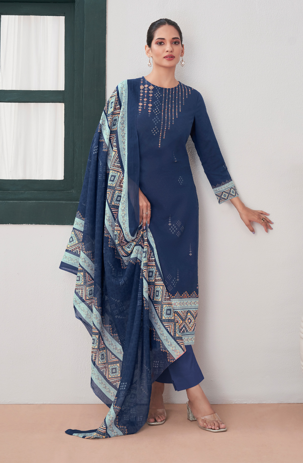 Blue Cotton Digital Printed Unstitched Salwar Suit-sets - SEH672