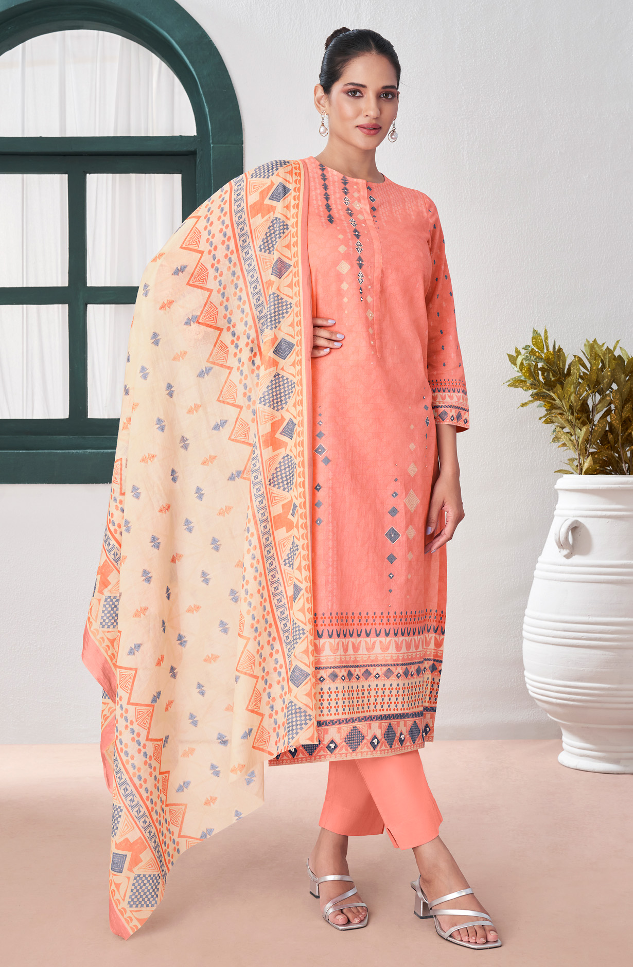 Peach Cotton Digital Printed Unstitched Salwar Suit-sets - SEH680