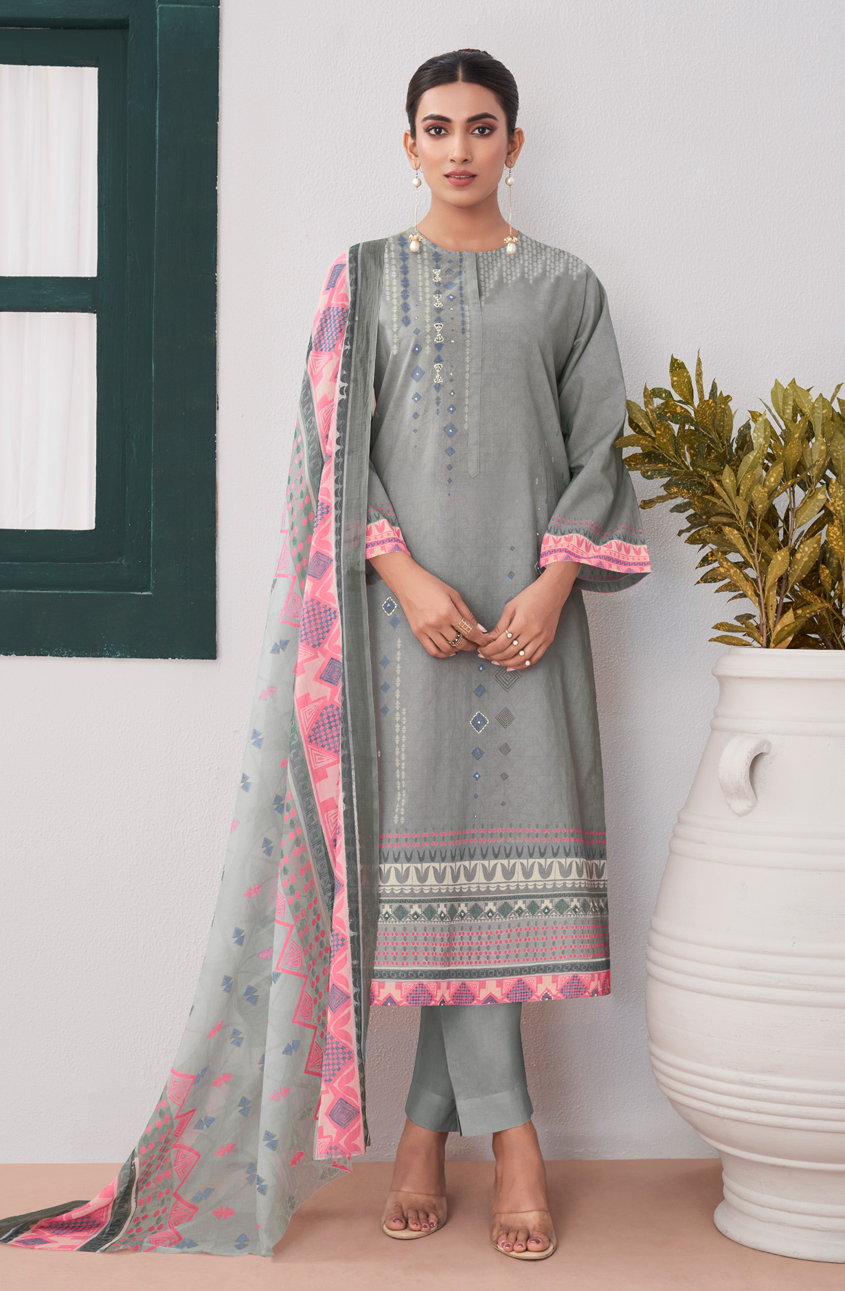 Grey Cotton Digital Printed Unstitched Salwar Suit-sets - SEH692