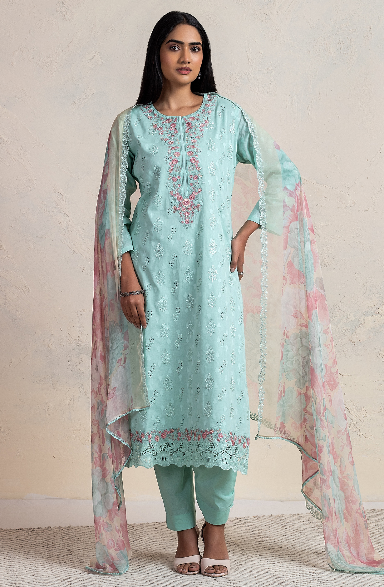 Sea Green Cotton Jacquard Salwar Kameez with Chiffon Dupatta - SEN2169C