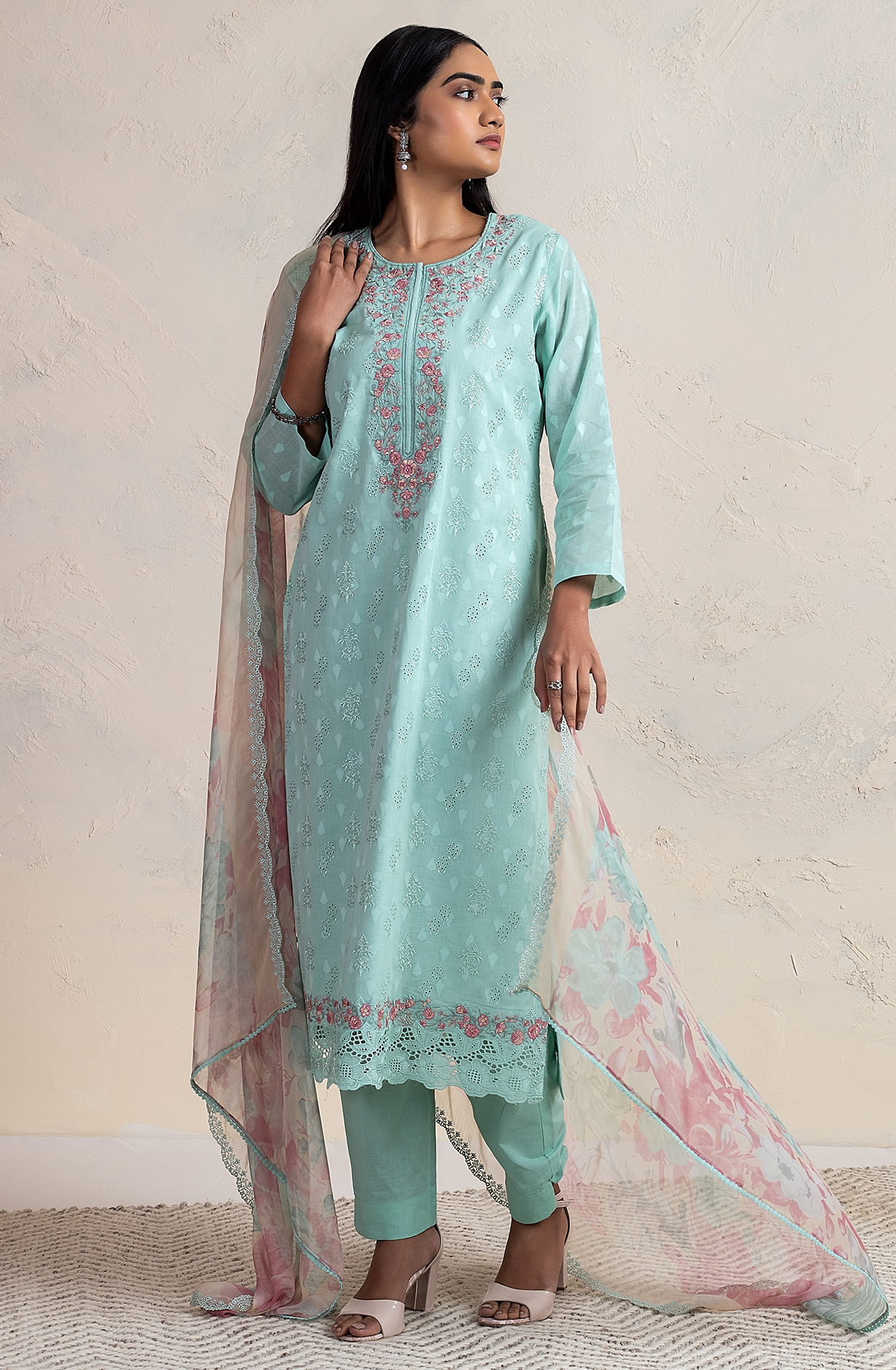Sea Green Cotton Jacquard Salwar Kameez with Chiffon Dupatta - SEN2169C