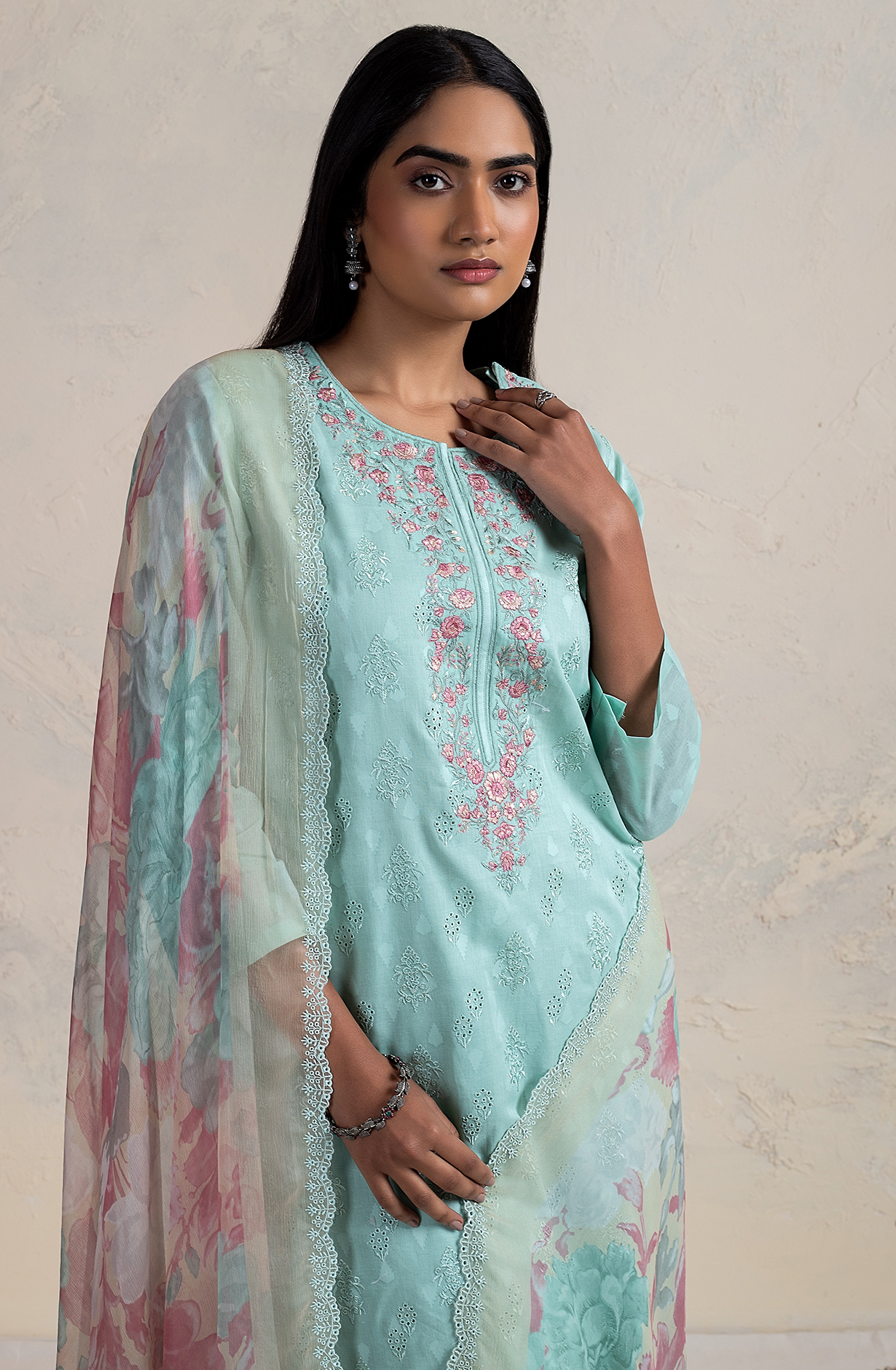 Sea Green Cotton Jacquard Salwar Kameez with Chiffon Dupatta - SEN2169C