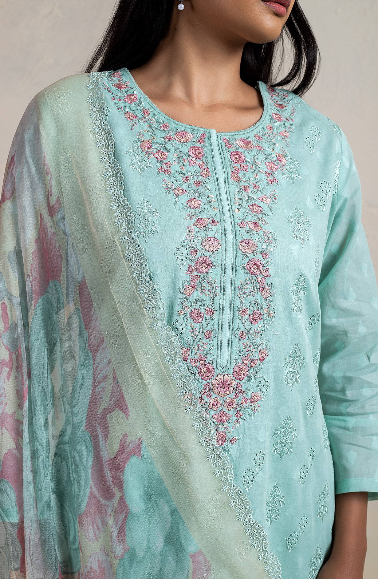 Sea Green Cotton Jacquard Salwar Kameez with Chiffon Dupatta - SEN2169C