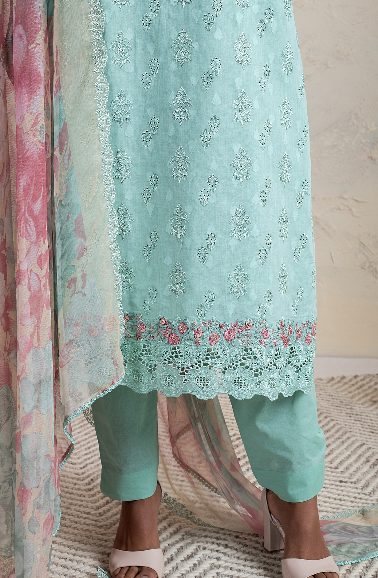 Sea Green Cotton Jacquard Salwar Kameez with Chiffon Dupatta - SEN2169C