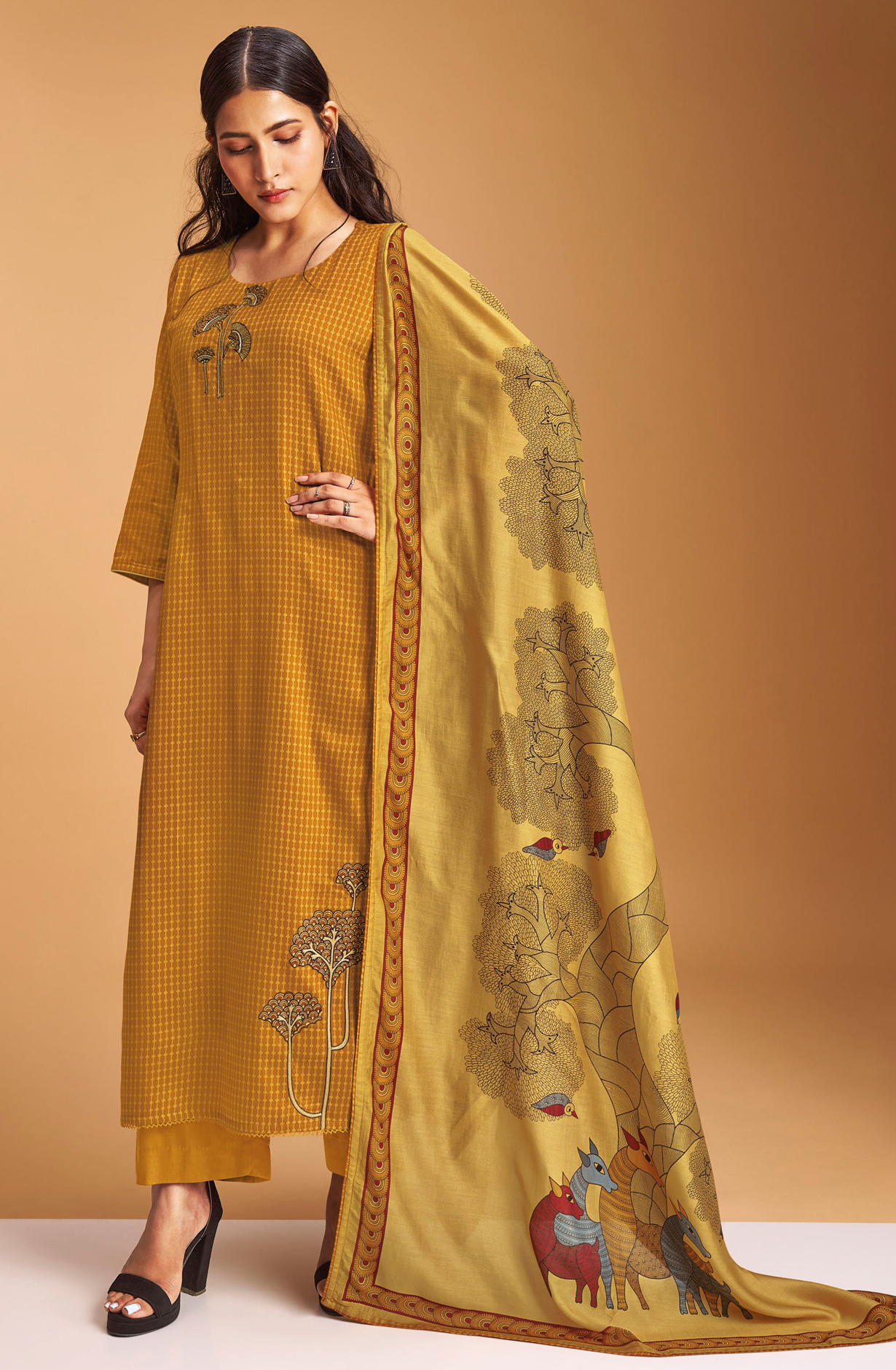 Mustard Yellow Pashmina Winter Unstitched Salwar Kameez - SEOS2005B