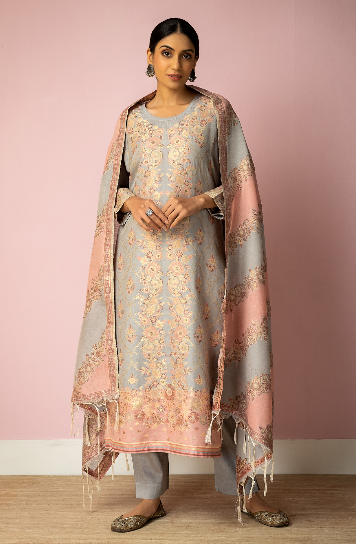 Grey and Pink Chanderi Silk Jacquard Exclusive Salwar Suit - SHA1833A