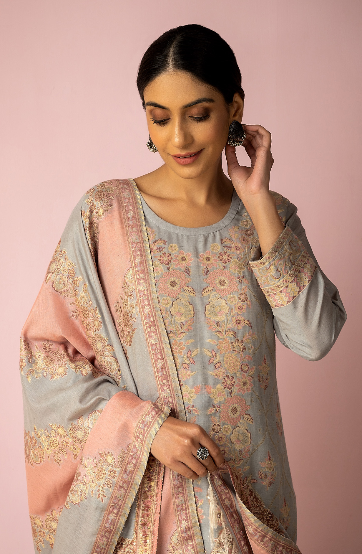 Grey and Pink Chanderi Silk Jacquard Exclusive Salwar Suit - SHA1833A