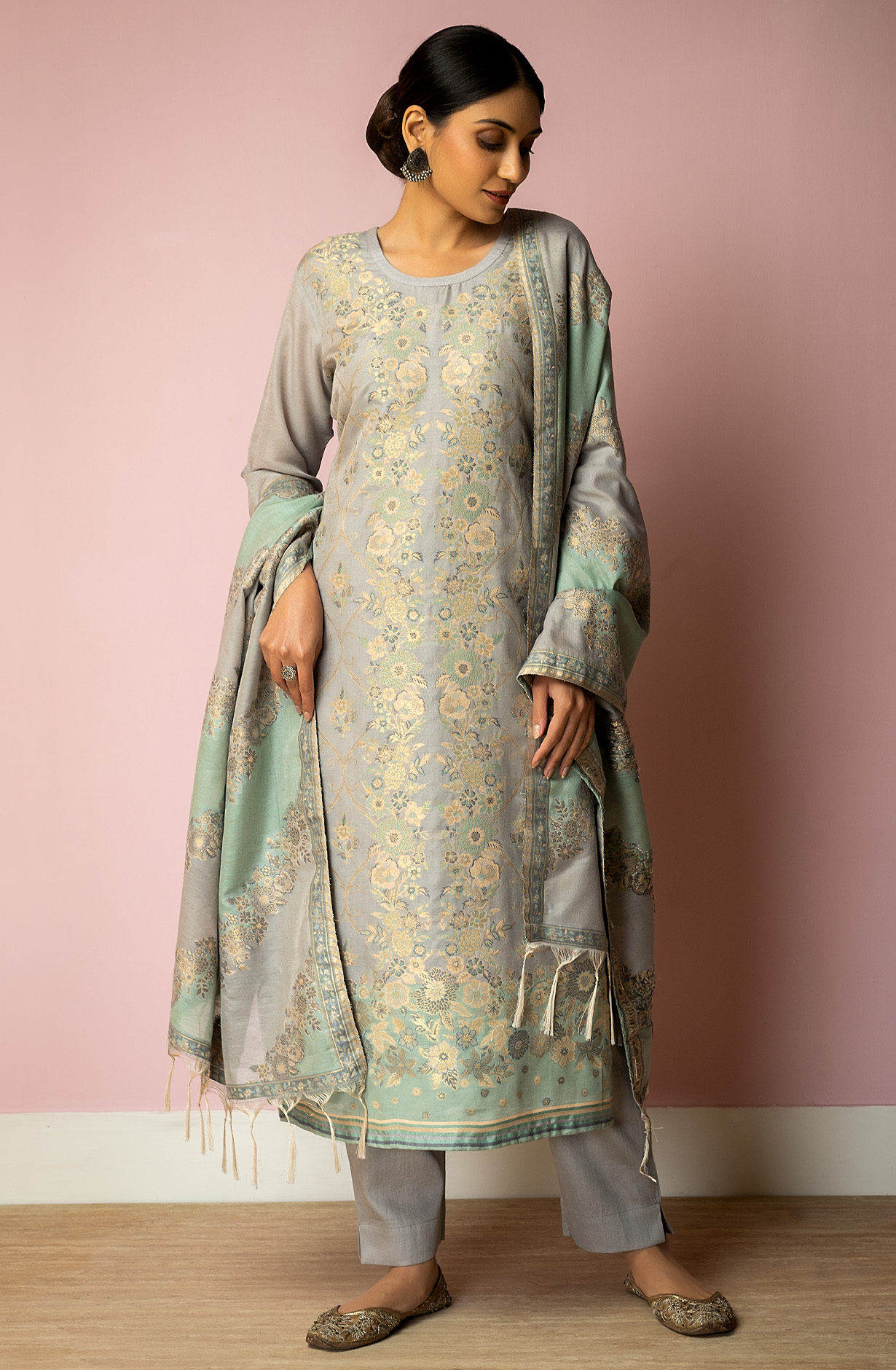 Grey and Sea Green Chanderi Silk Jacquard Exclusive Salwar Suit - SHA1833B