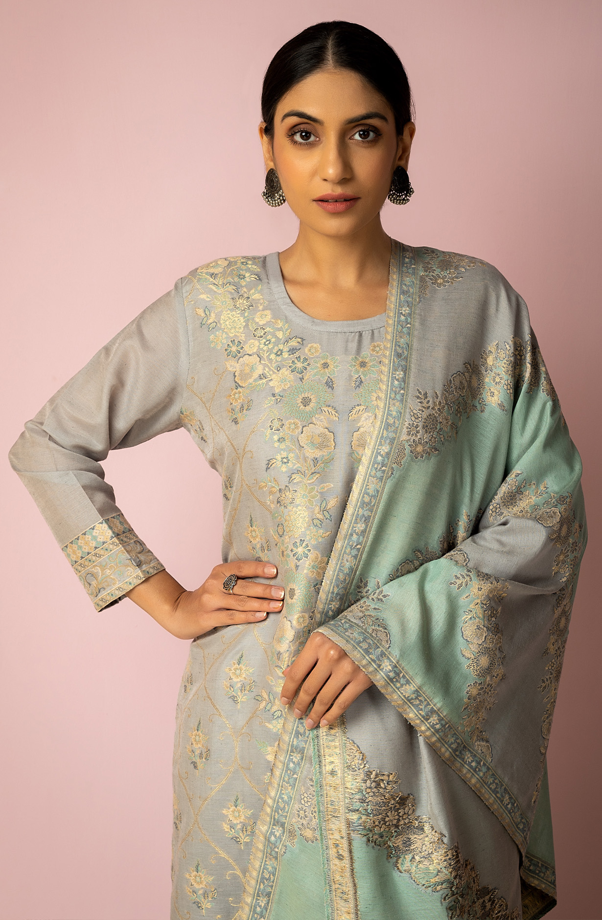Grey and Sea Green Chanderi Silk Jacquard Exclusive Salwar Suit - SHA1833B