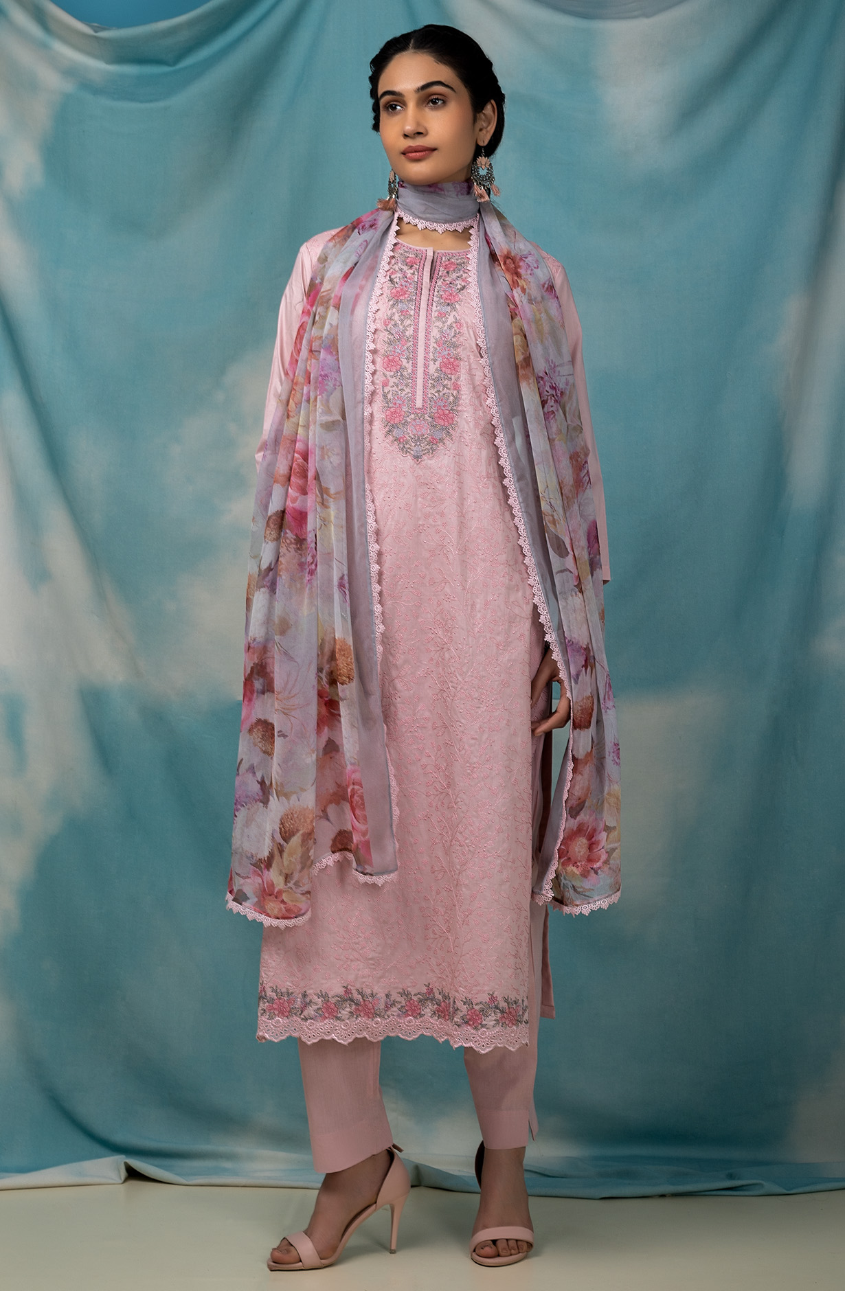 Pink Cotton Beautiful Embroidered Salwar Kameez with Chiffon Dupatta - SHA1864C