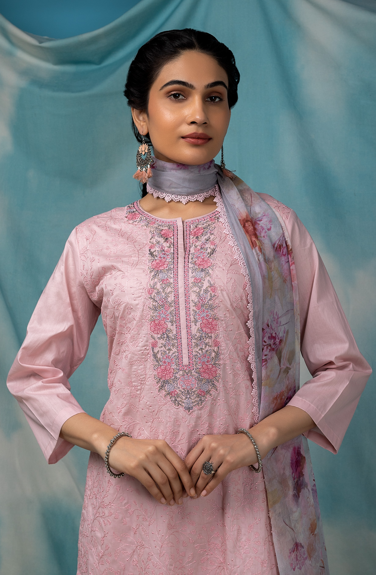Pink Cotton Beautiful Embroidered Salwar Kameez with Chiffon Dupatta - SHA1864C