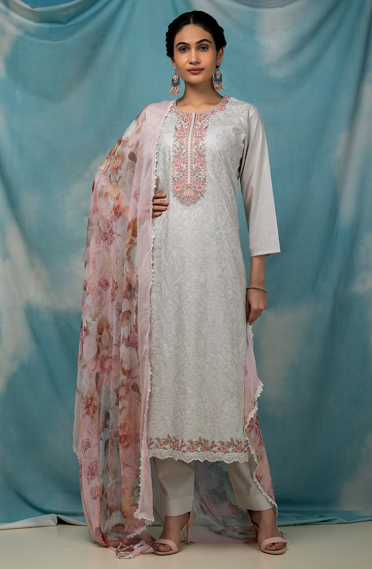 Grey Cotton Beautiful Embroidered Salwar Kameez with Chiffon Dupatta - SHA1864D