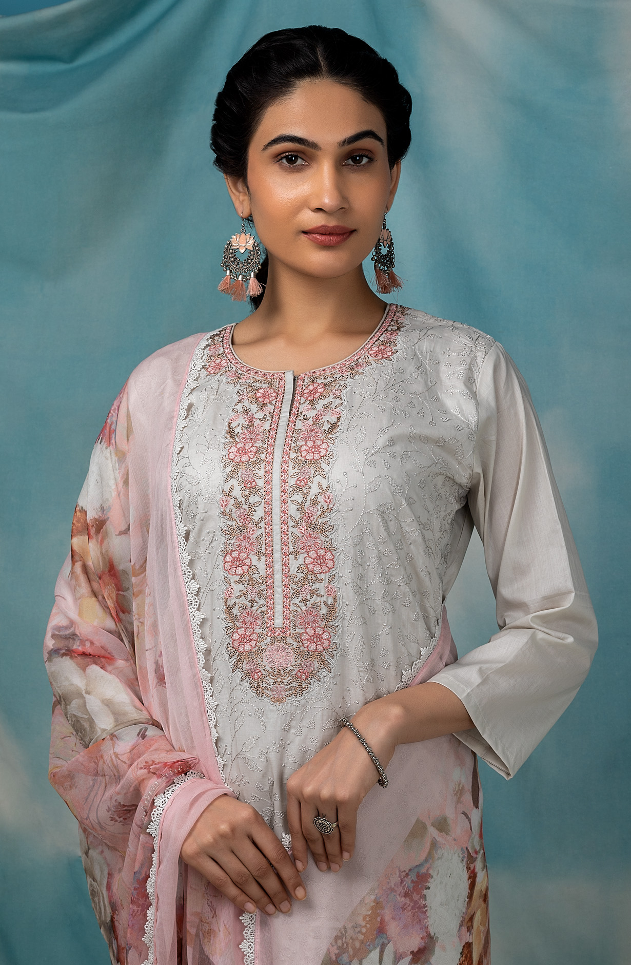 Grey Cotton Beautiful Embroidered Salwar Kameez with Chiffon Dupatta - SHA1864D