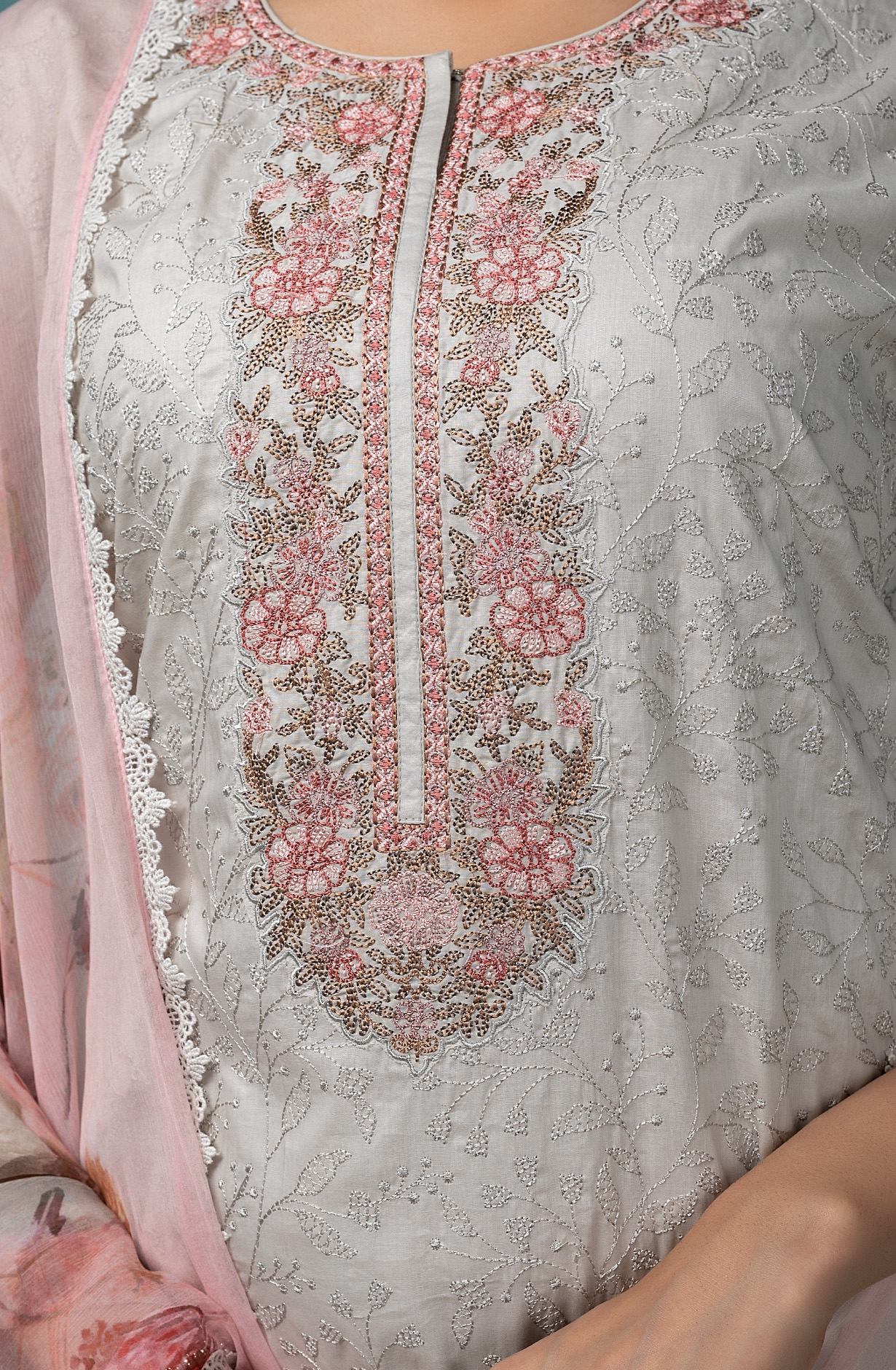 Grey Cotton Beautiful Embroidered Salwar Kameez with Chiffon Dupatta - SHA1864D