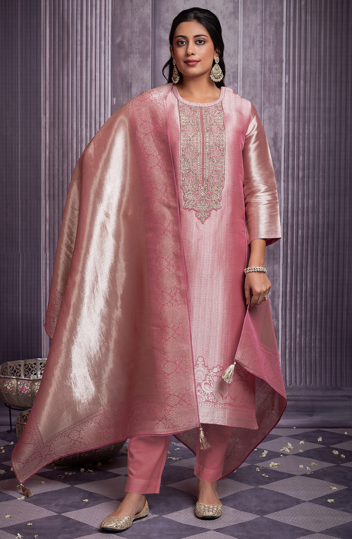 Pink Green Pure Silk Salwaar Kameez with Beautiful Dupatta - SHA2272B