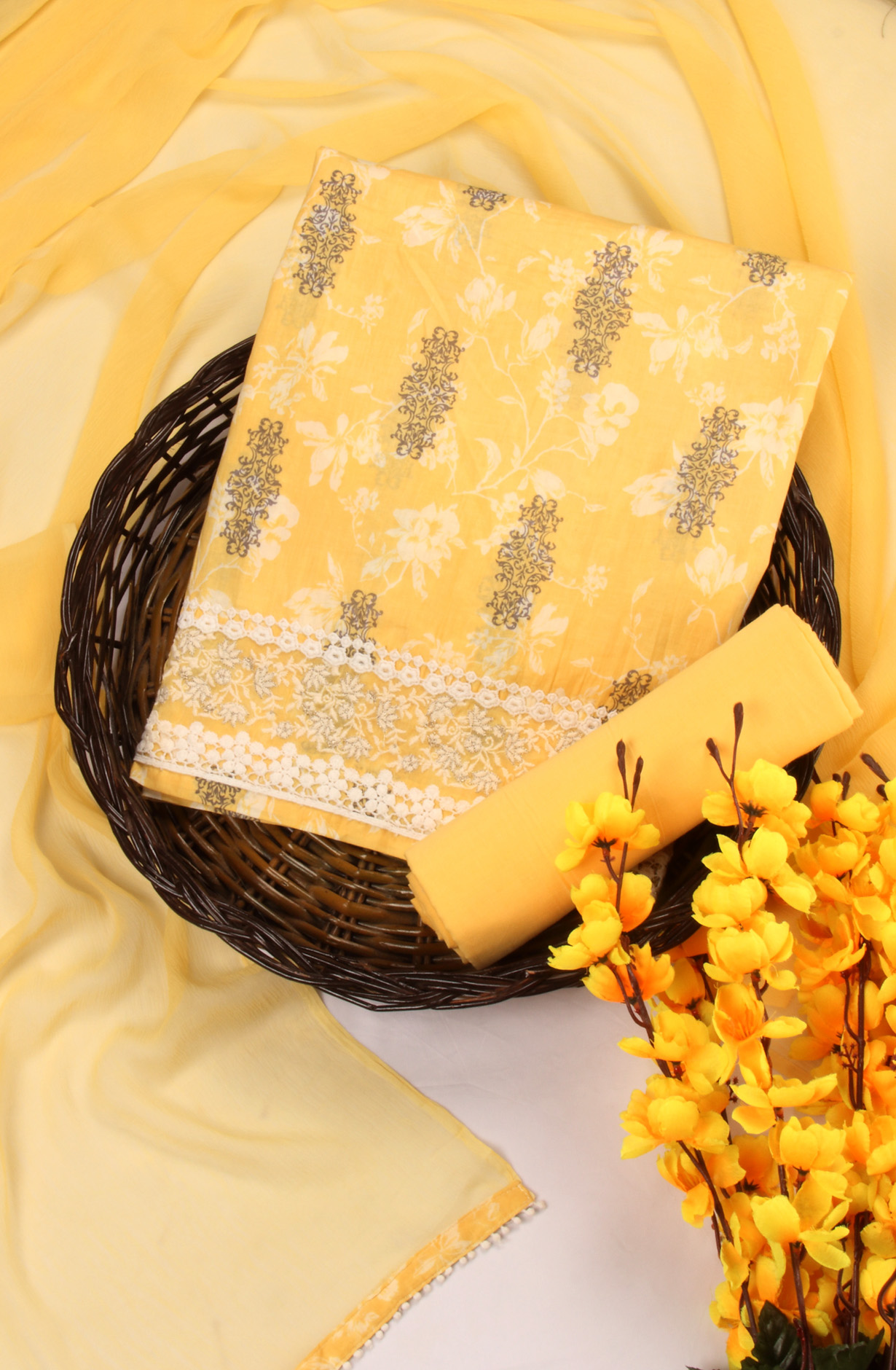 Yellow Cotton Unstitched Salwar Suit with Chiffon Dupatta - SHA3144