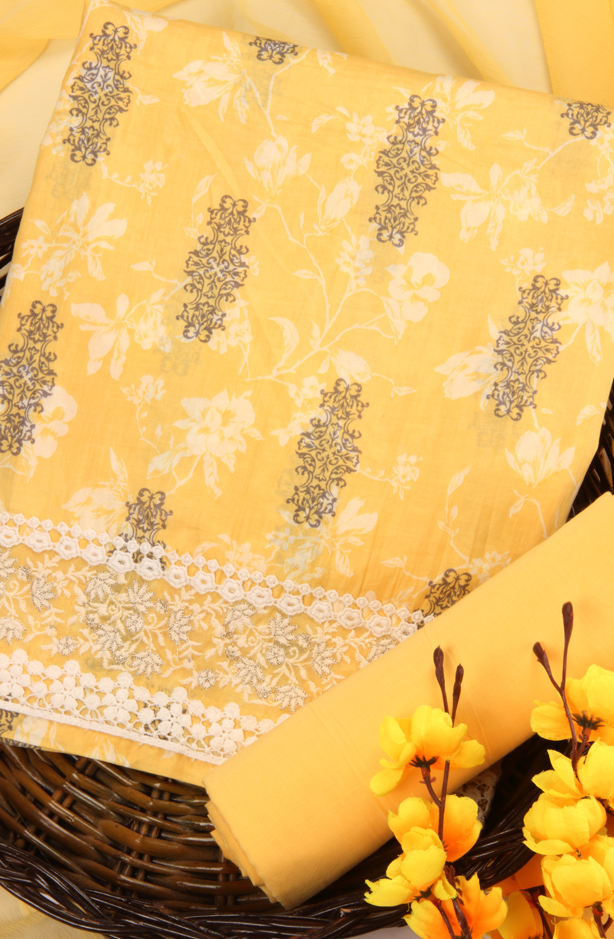 Yellow Cotton Unstitched Salwar Suit with Chiffon Dupatta - SHA3144