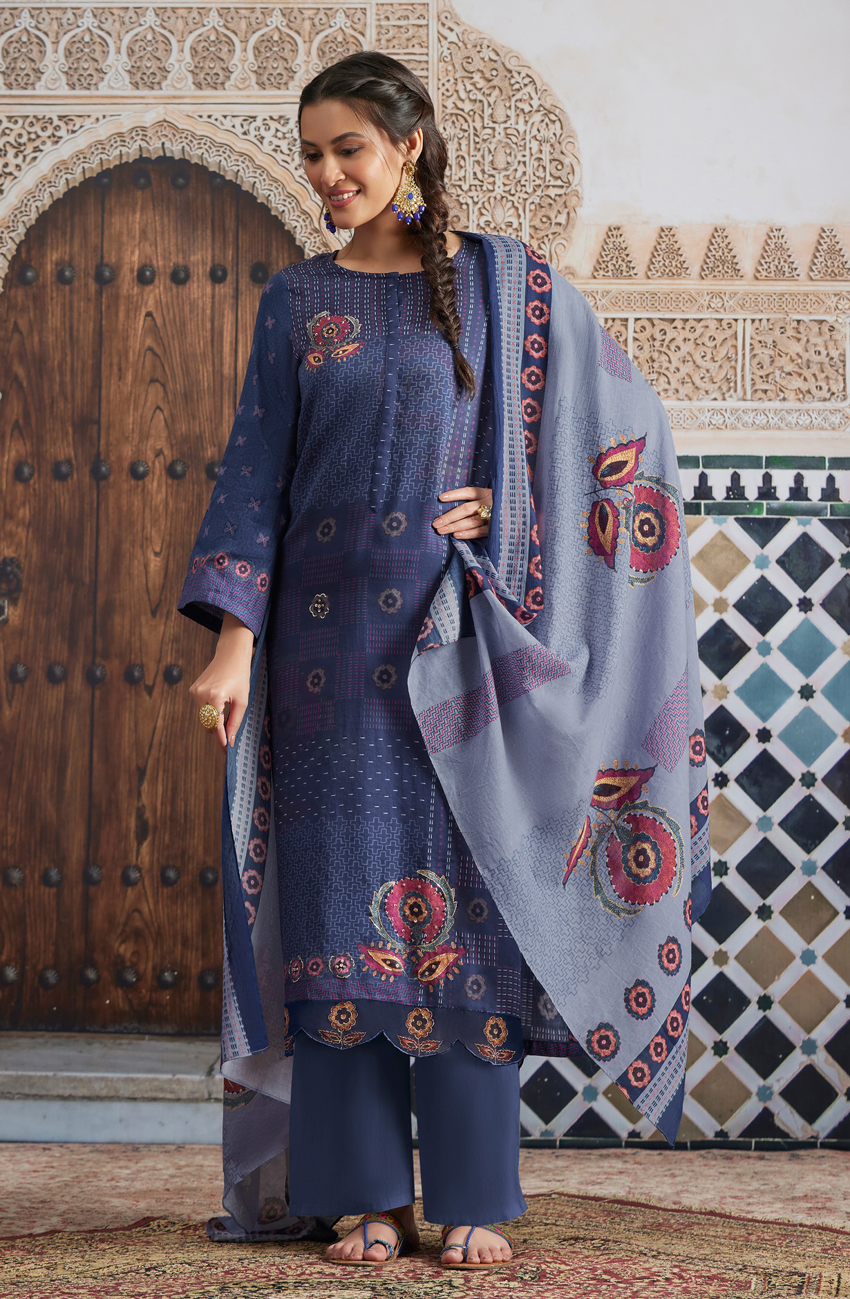 Blue Cotton Unstitched Digital Printed Salwar Kameez - SHA915
