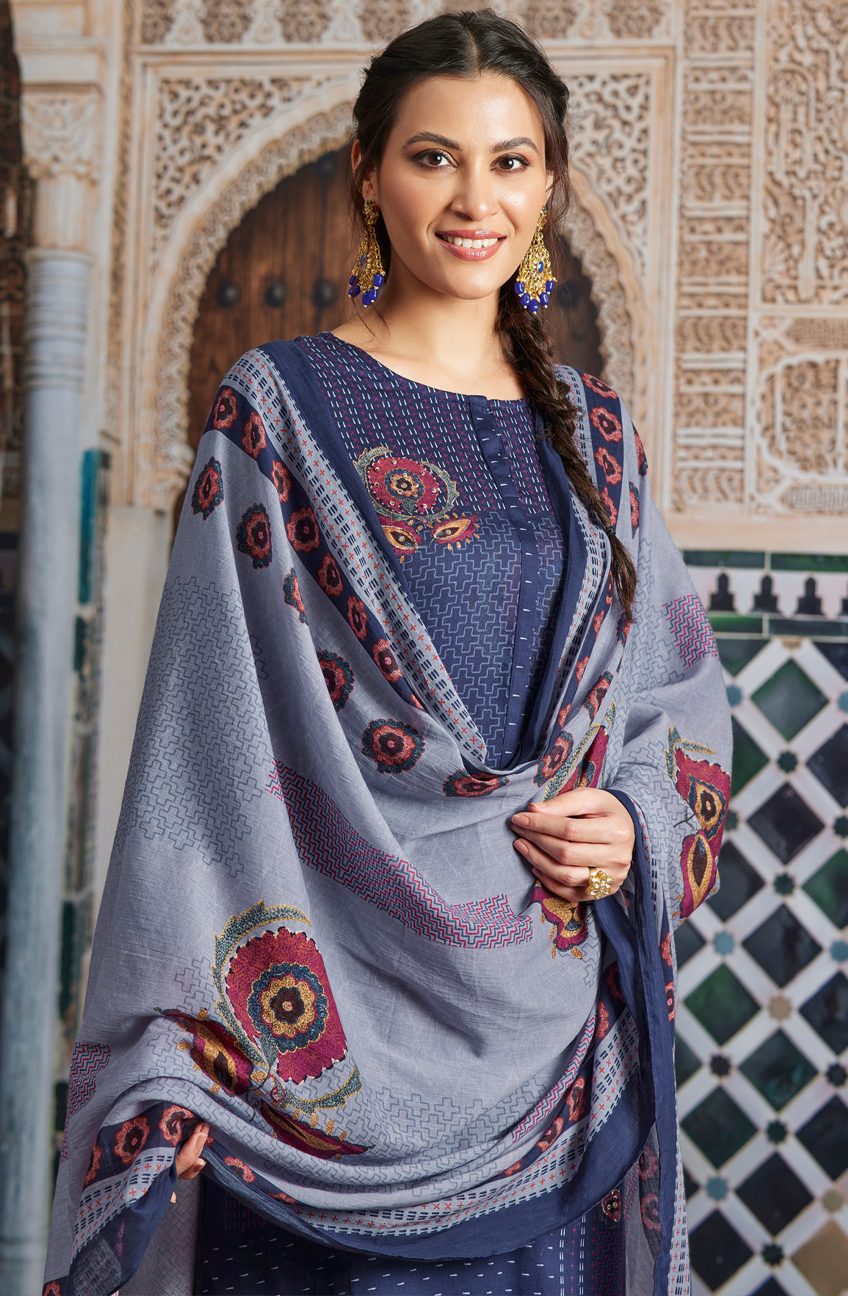 Blue Cotton Unstitched Digital Printed Salwar Kameez - SHA915