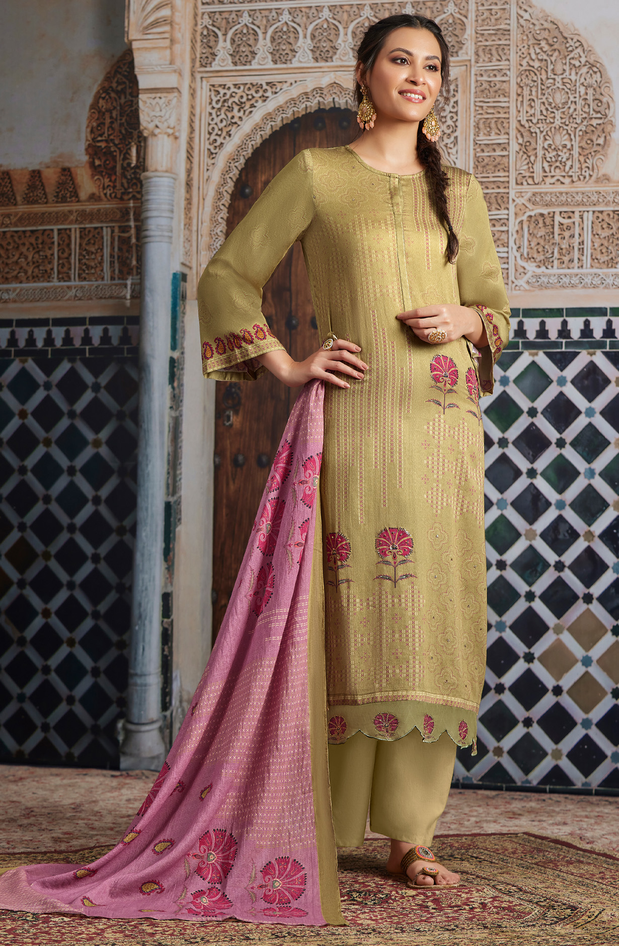 Mehndi Green Cotton Unstitched Digital Printed Salwar Kameez - SHA935