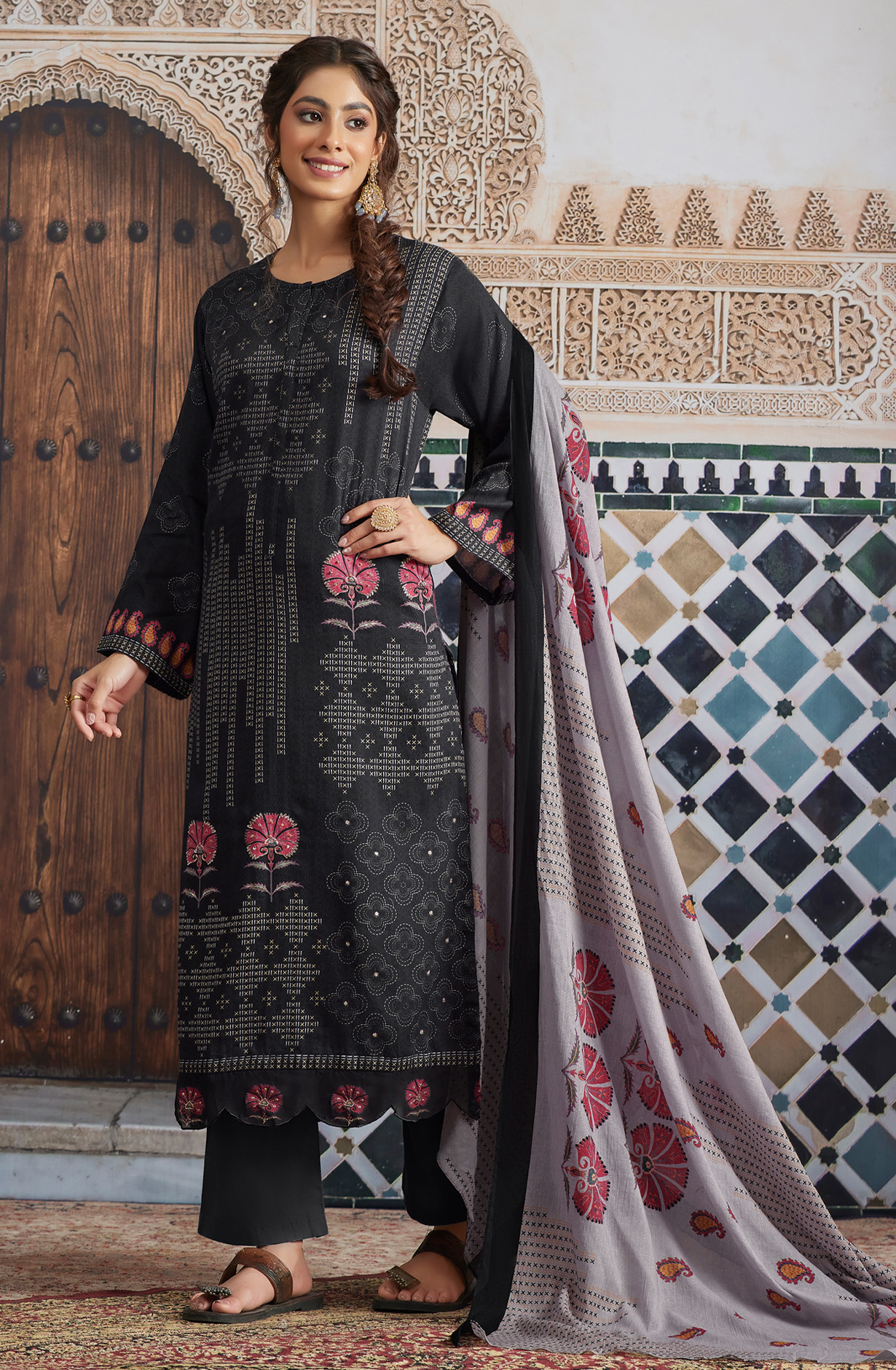 Black Cotton Unstitched Digital Printed Salwar Kameez - SHA945