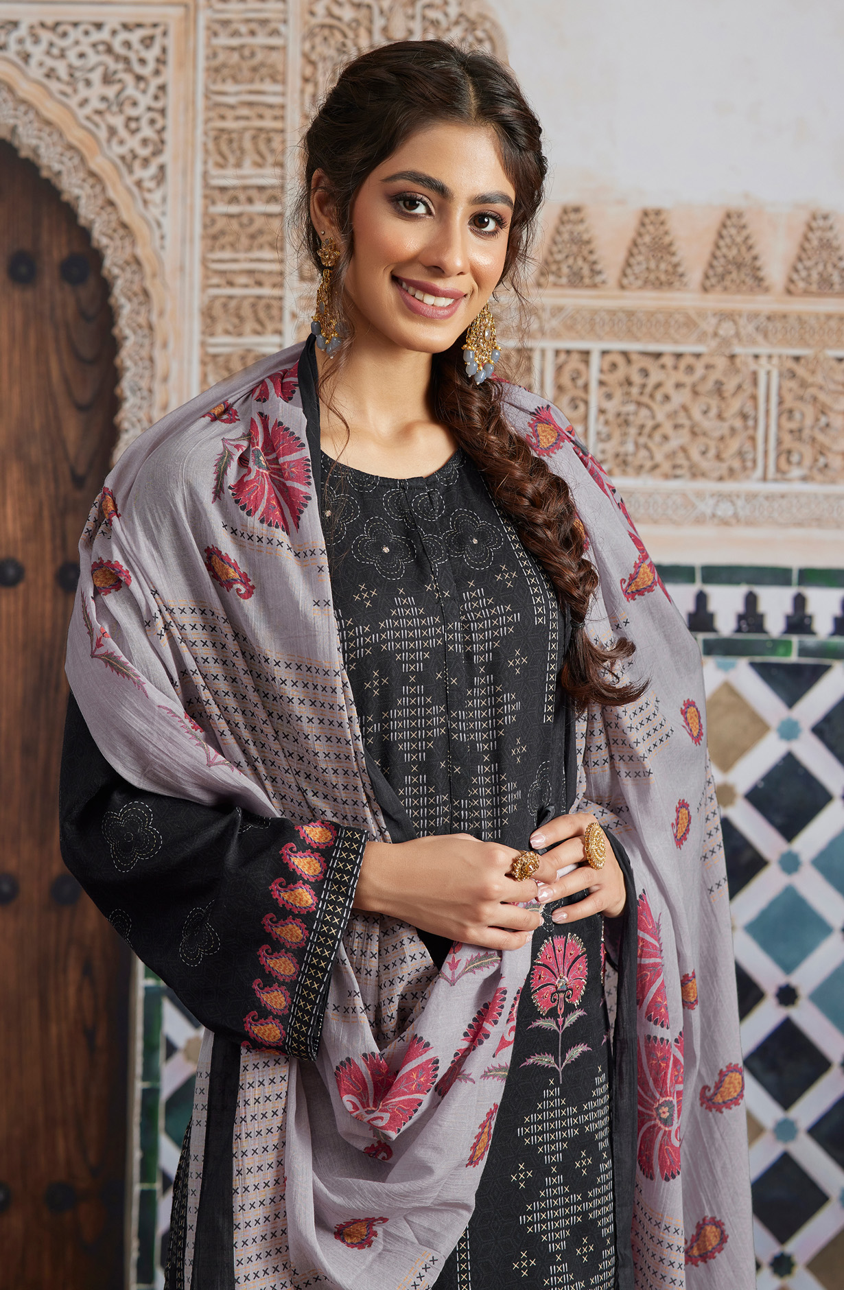 Black Cotton Unstitched Digital Printed Salwar Kameez - SHA945