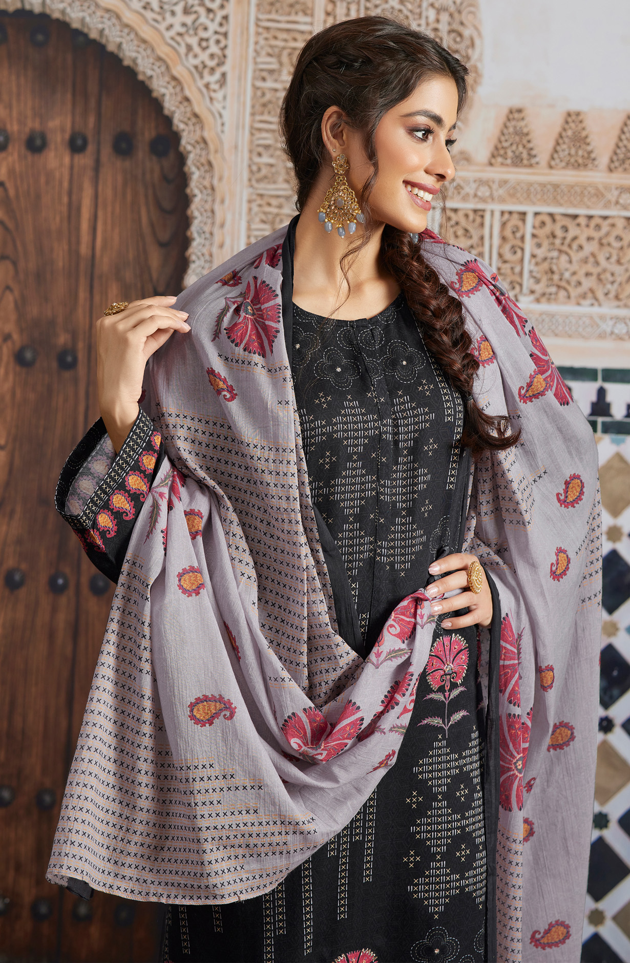 Black Cotton Unstitched Digital Printed Salwar Kameez - SHA945