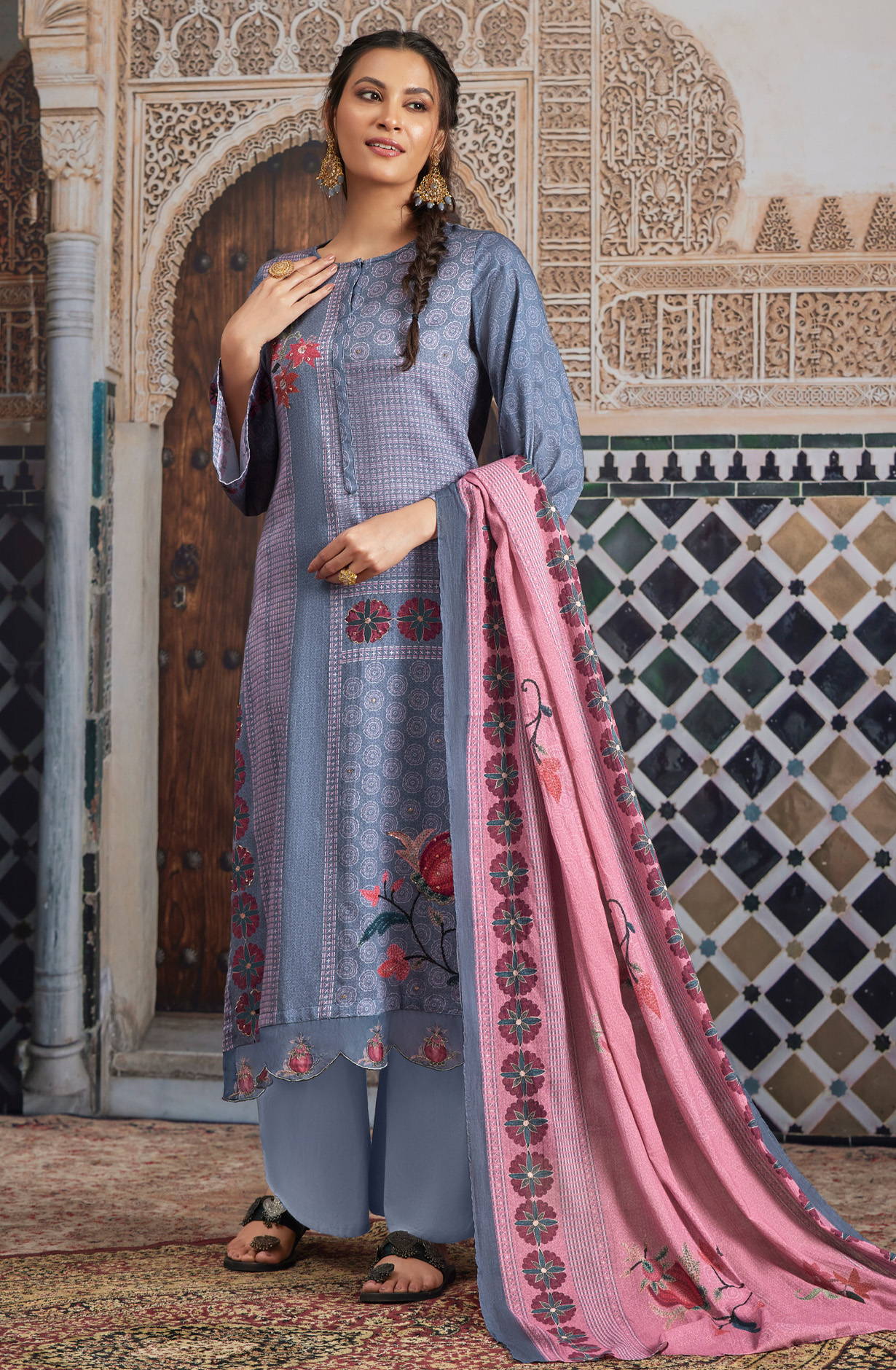 Grey Cotton Unstitched Digital Printed Salwar Kameez - SHA955