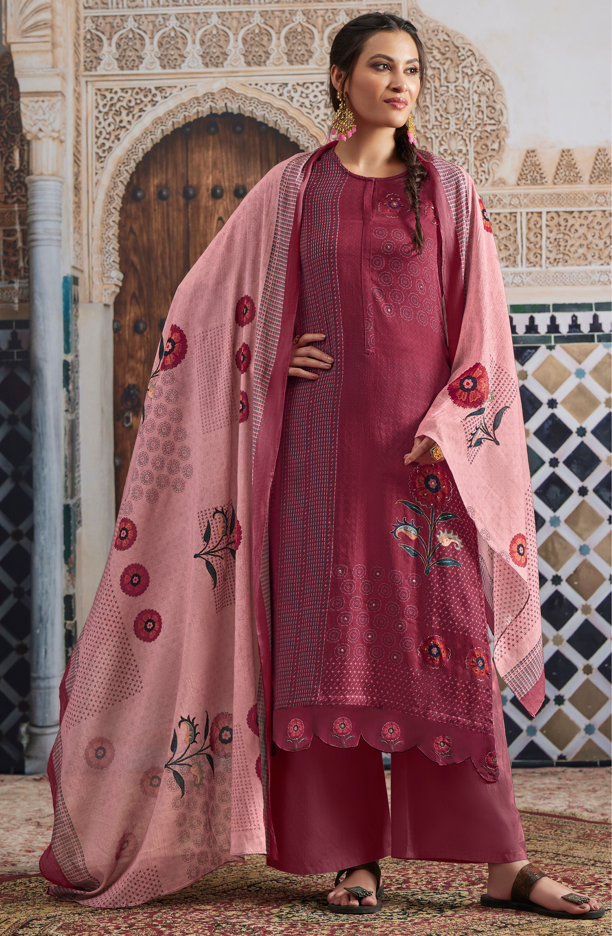 Maroon Cotton Unstitched Digital Printed Salwar Kameez - SHA970
