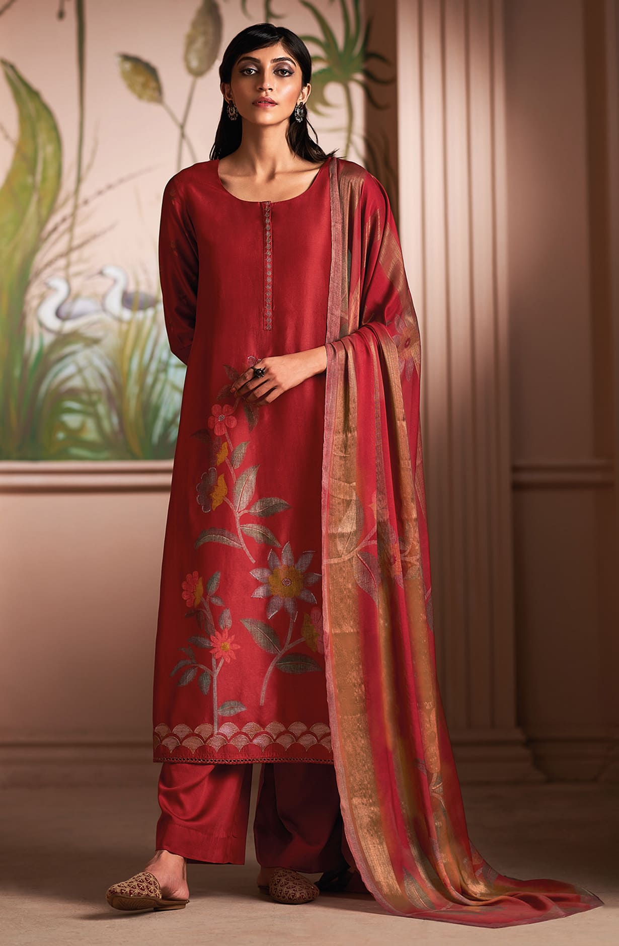 Red Silk Digital Printed Salwar Kameez Suit-set - SHAC1133