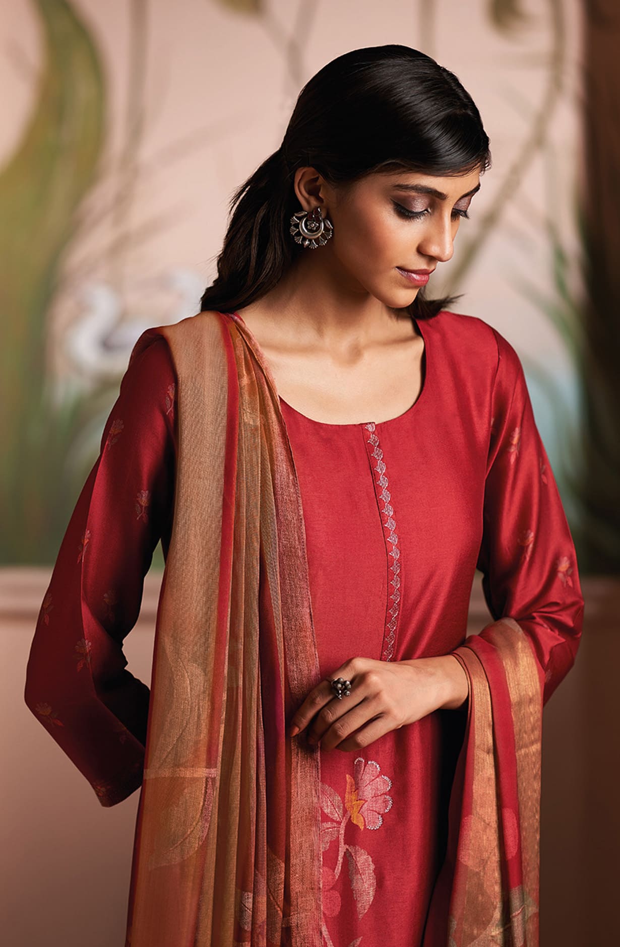 Red Silk Digital Printed Salwar Kameez Suit-set - SHAC1133