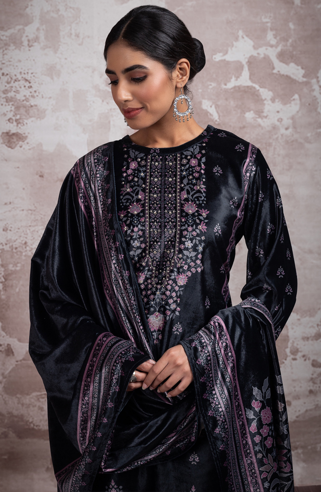 Black Velvet Suit-Set with Digital Print and Handwork -  SHE1301A
