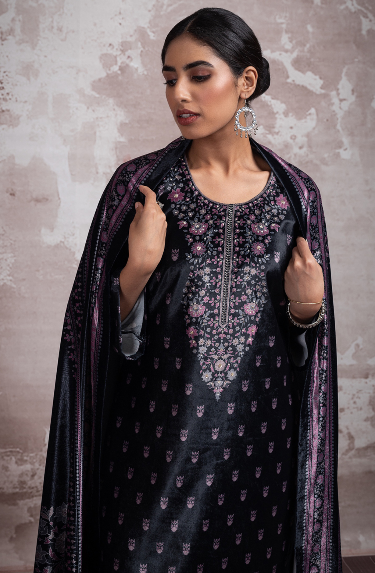 Black Velvet Suit-Set with Digital Print and Handwork -  SHE1301B