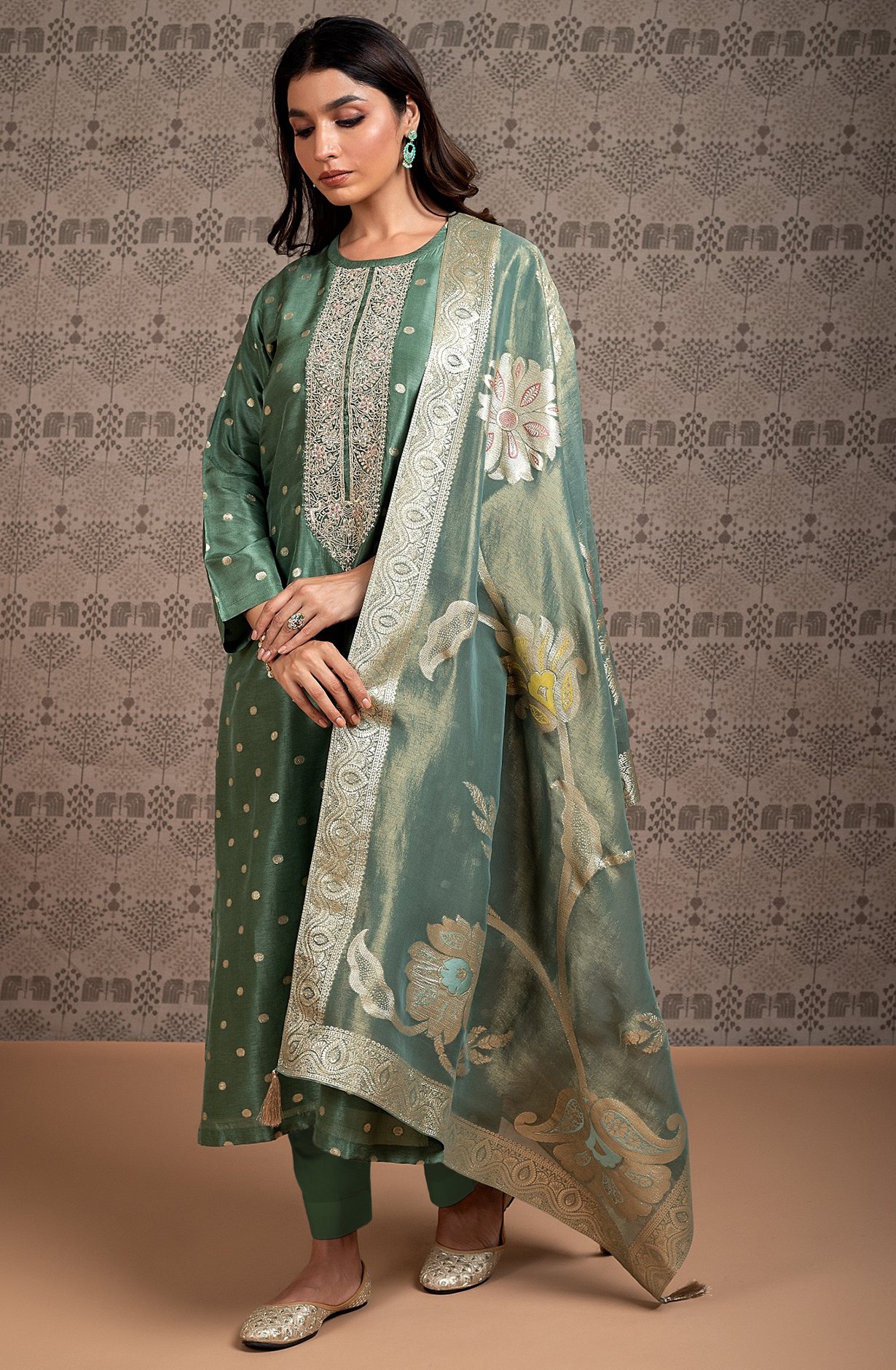 Green Silk jaq with embroidery and handwork- SHE2264