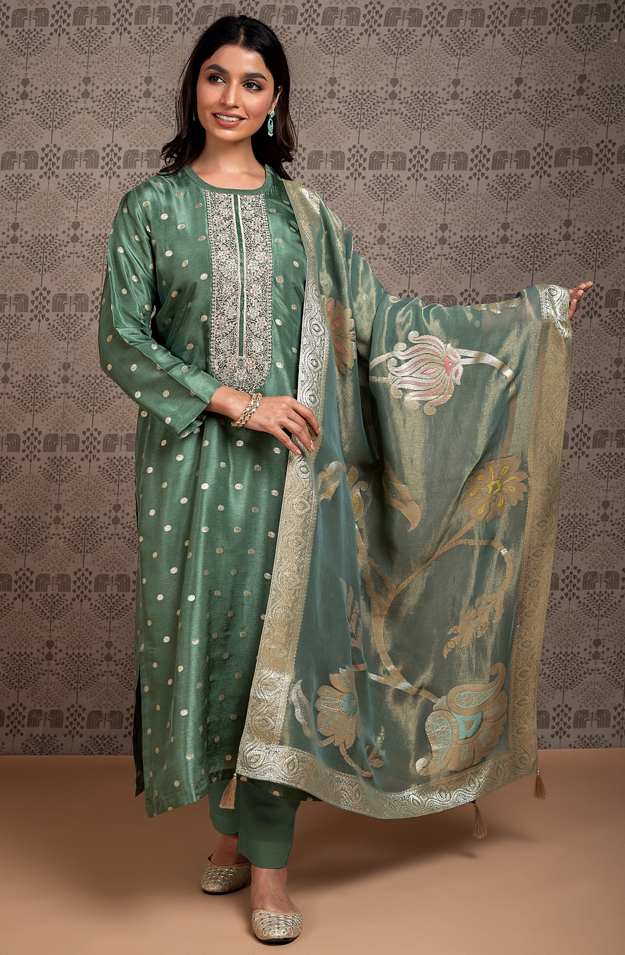 Green Silk jaq with embroidery and handwork- SHE2264