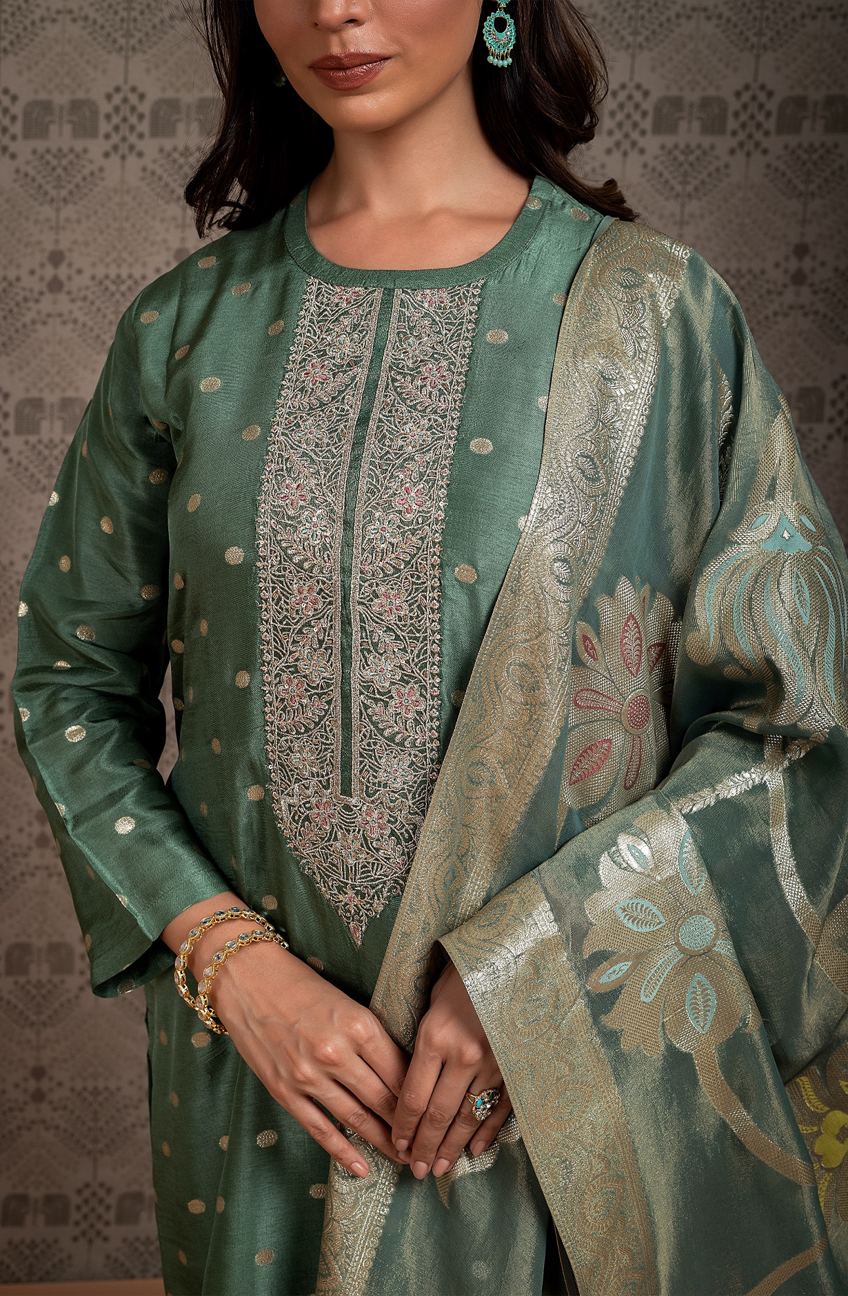 Green Silk jaq with embroidery and handwork- SHE2264