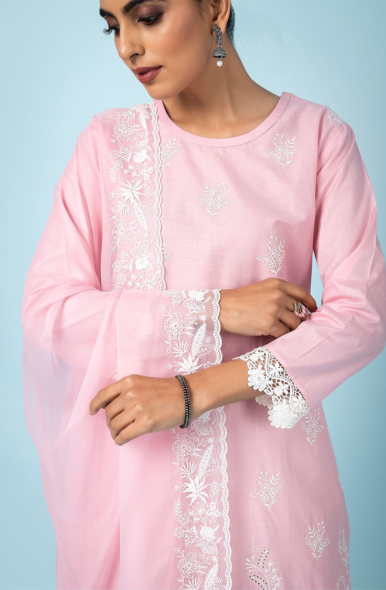 Pink Exclusive Cotton Unstitched Embroidered Salwar Kameez with Chiffon Dupatta - SHI2250A